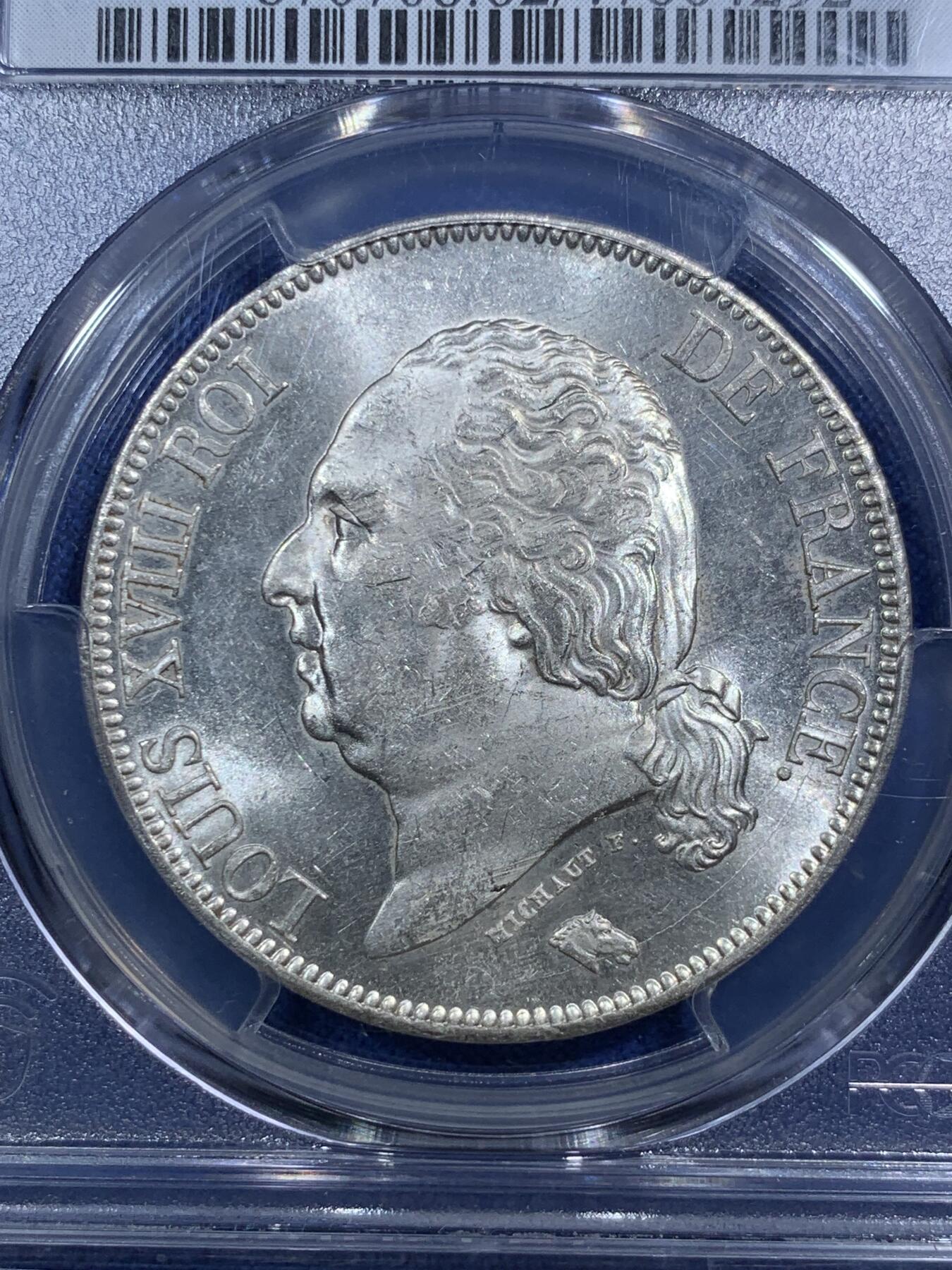 《竞宝斋》第289场- 周日，周一，周二 3场连拍 （全场包邮） PCGS MS62  法国路易十八5法郎 1822年里尔厂 P盒亚军分 25克 强凝霜感