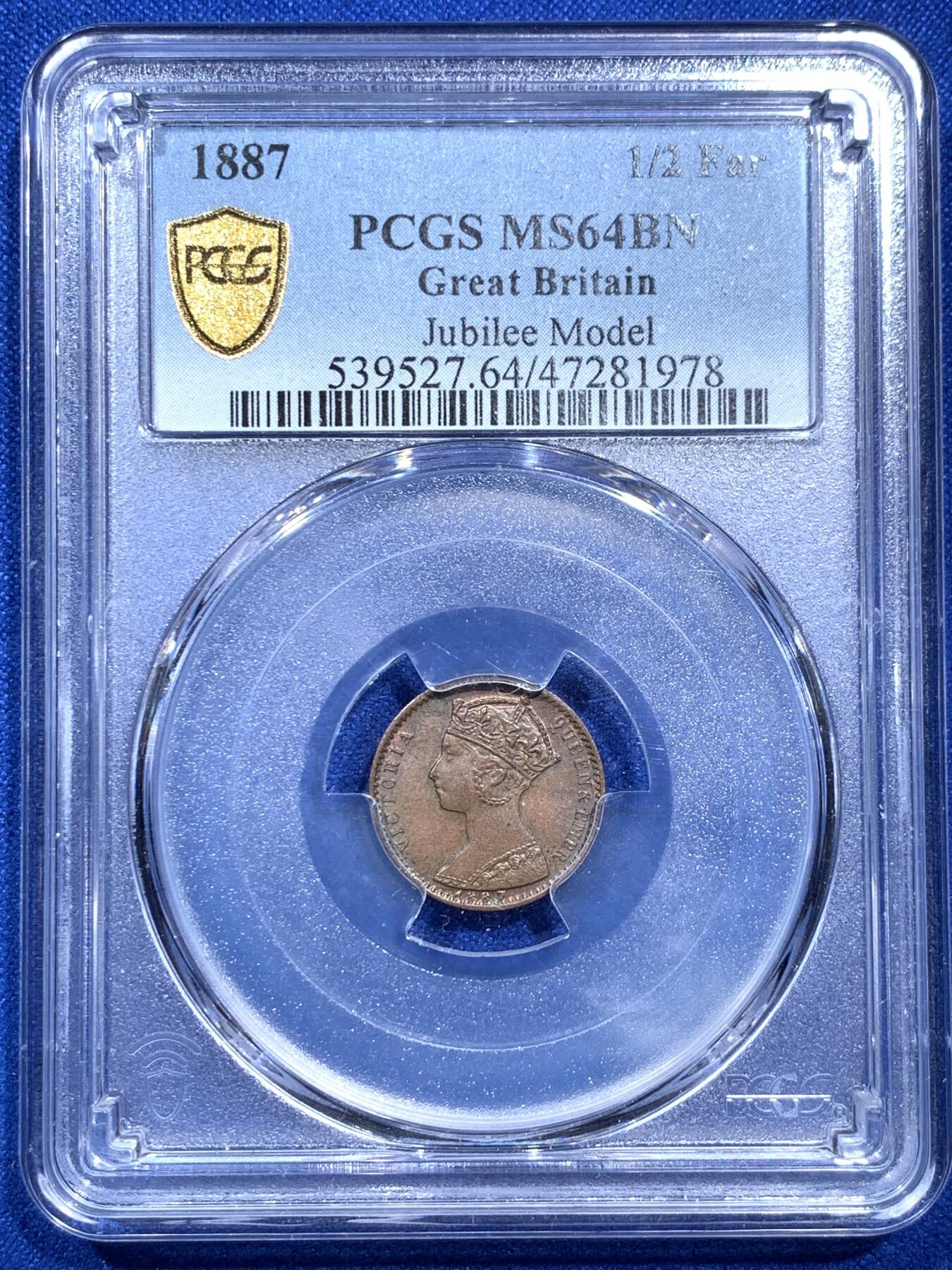 《竞宝斋》第289场- 周日，周一，周二 3场连拍 （全场包邮） PCGS MS64BN 英国1887年维多利亚半法新token 又称最小的马剑 经典唐曾帽造型 巧克力包浆也遮不住底板的细腻