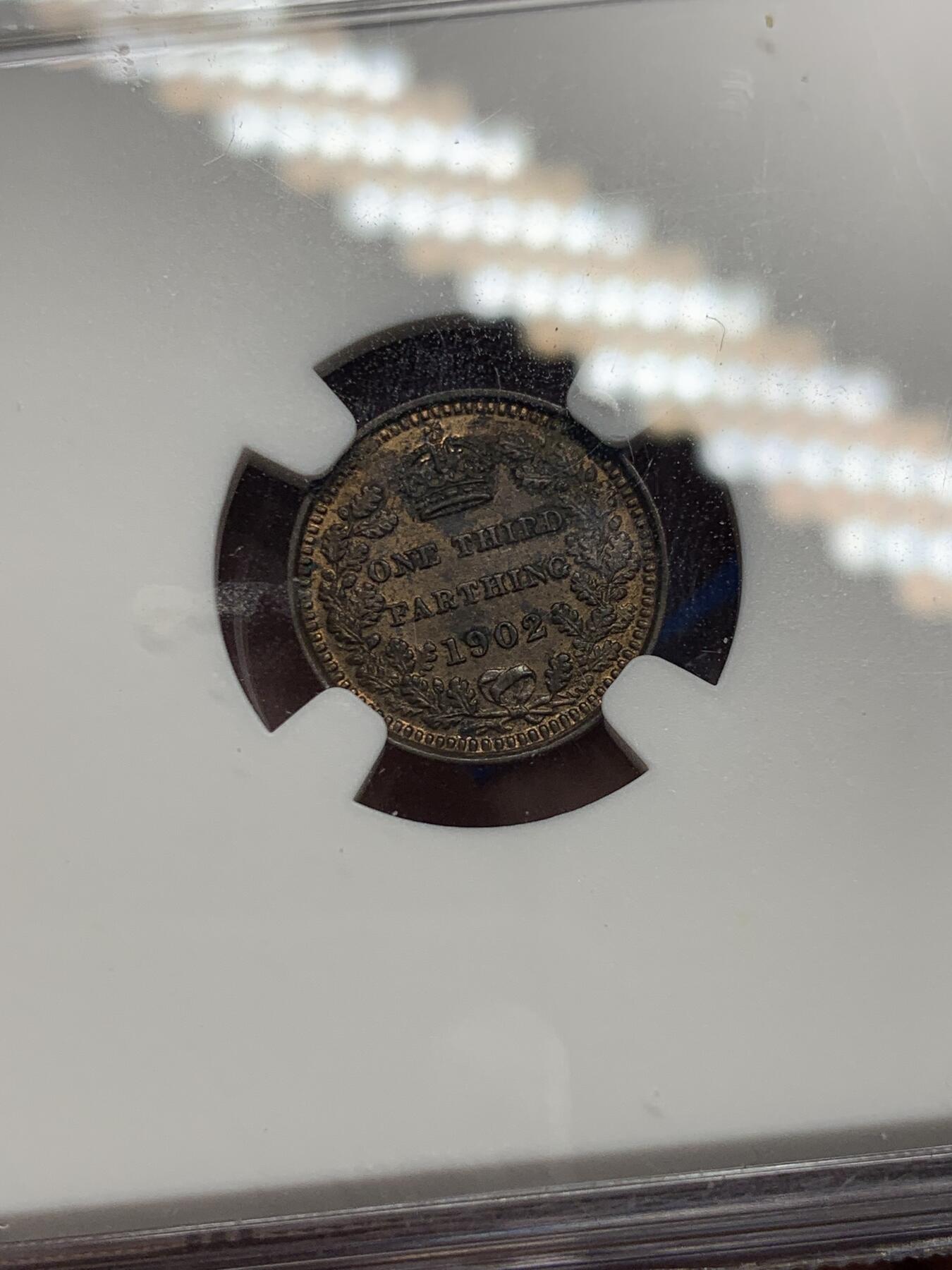 《竞宝斋》第289场- 周日，周一，周二 3场连拍 （全场包邮） NGC MS62BN 英国1902年爱德华七世1/3法新 内圈巧克力包浆配合外圈铜色