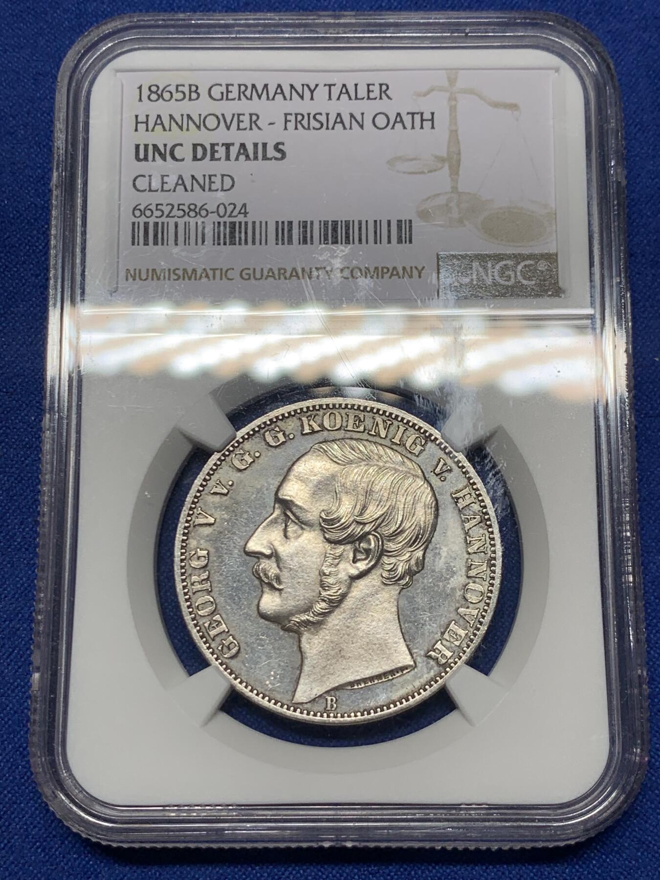 《竞宝斋》第289场- 周日，周一，周二 3场连拍 （全场包邮） NGC UNC 德国 1865年 汉诺威 名誉品 橡树泰勒 细节状态好 实为难得 性价比高