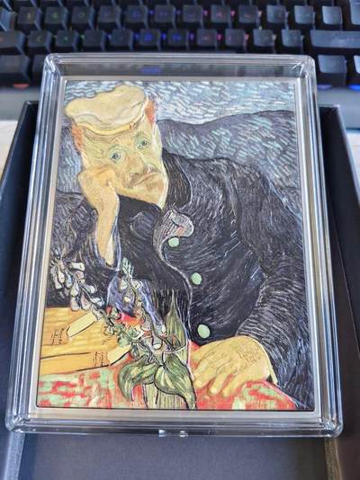 【海寕潮】拍卖第120期 - 【海寧潮】乍得2021年梵高名画加歇医生2盎司彩色银铜纪念币，999银+铜，发行量500枚′塑料盒有裂痕原价2990