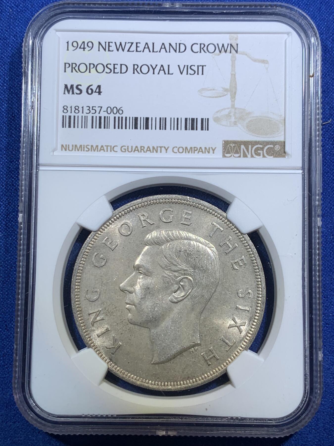 《竞宝斋》第289场- 周日，周一，周二 3场连拍 （全场包邮） NGC MS64 新西兰1949年乔治六世克朗银币 背面为新西兰国花银蕨 漂亮原光 状态很好
