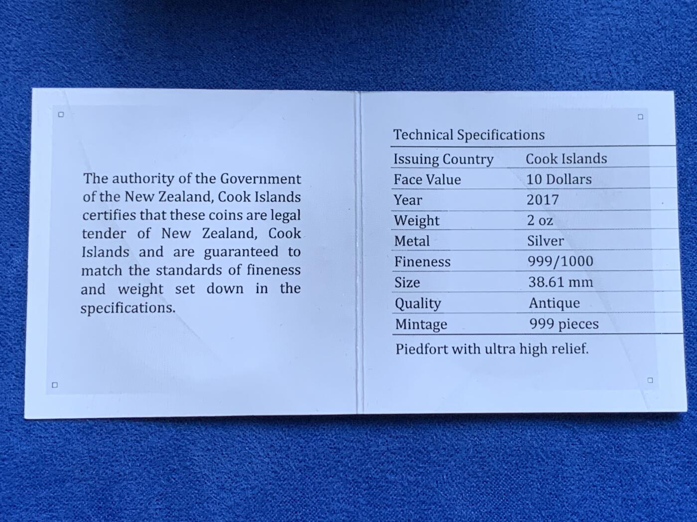 《竞宝斋》第289场- 周日，周一，周二 3场连拍 （全场包邮） 库克群岛2017年北欧神话系列1雷神之锤仿古银币 限量999枚 超高浮雕 钌化工艺 北欧神话系列首发龙头币 盒证齐全 精制币 2盎司 999银 38.6mm