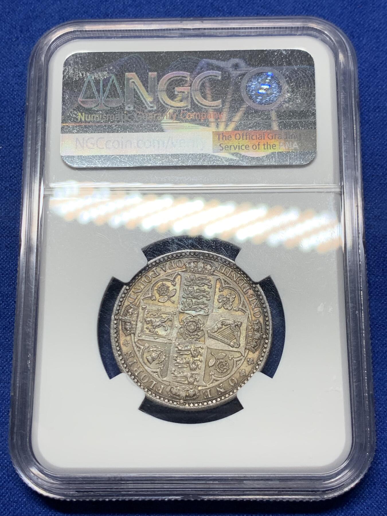 《竞宝斋》第289场- 周日，周一，周二 3场连拍 （全场包邮） NGC MS63 英国1849年无神弗罗林 深打铁灰色包浆 高分好状态