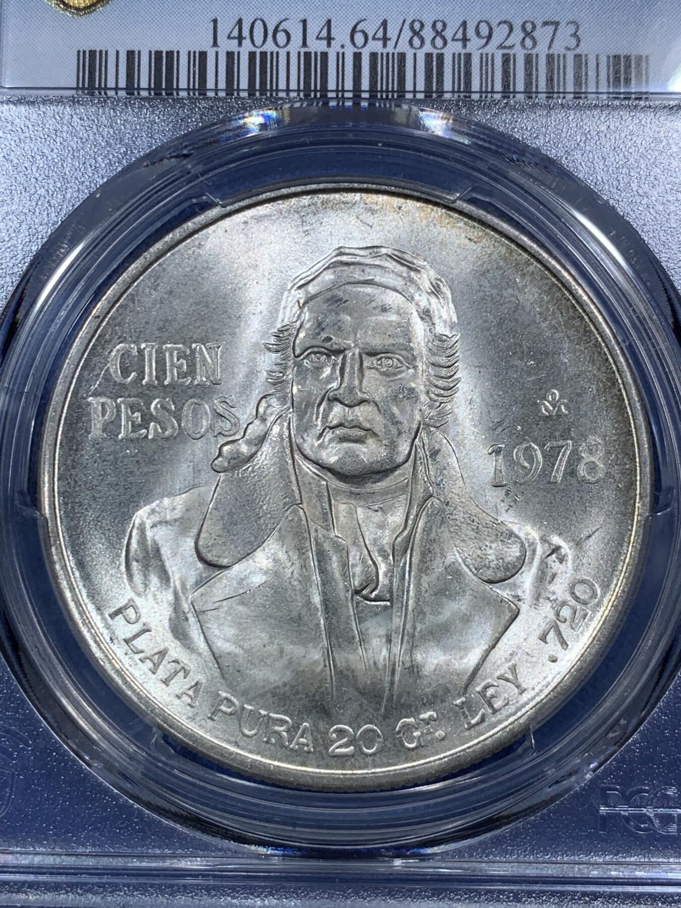 《竞宝斋》第289场- 周日，周一，周二 3场连拍 （全场包邮） PCGS MS64 墨西哥1978年革命领袖1978年100比索大银币