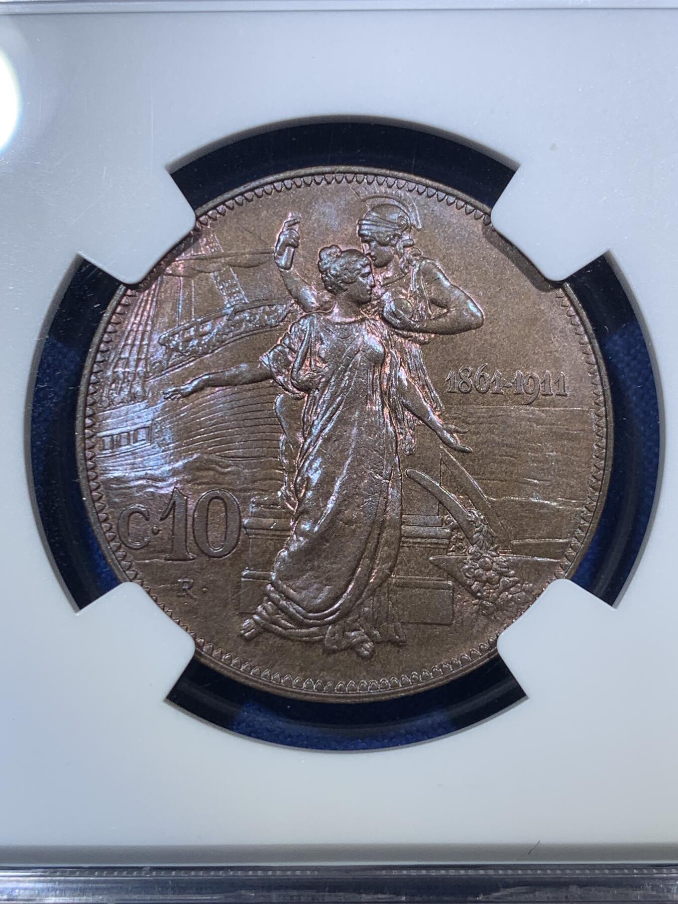 《竞宝斋》第289场- 周日，周一，周二 3场连拍 （全场包邮） NGC MS65BN 亚军分 意大利 1911 建国50周年铜币 高的仅3枚 少见高分托奶 艺术性极佳。