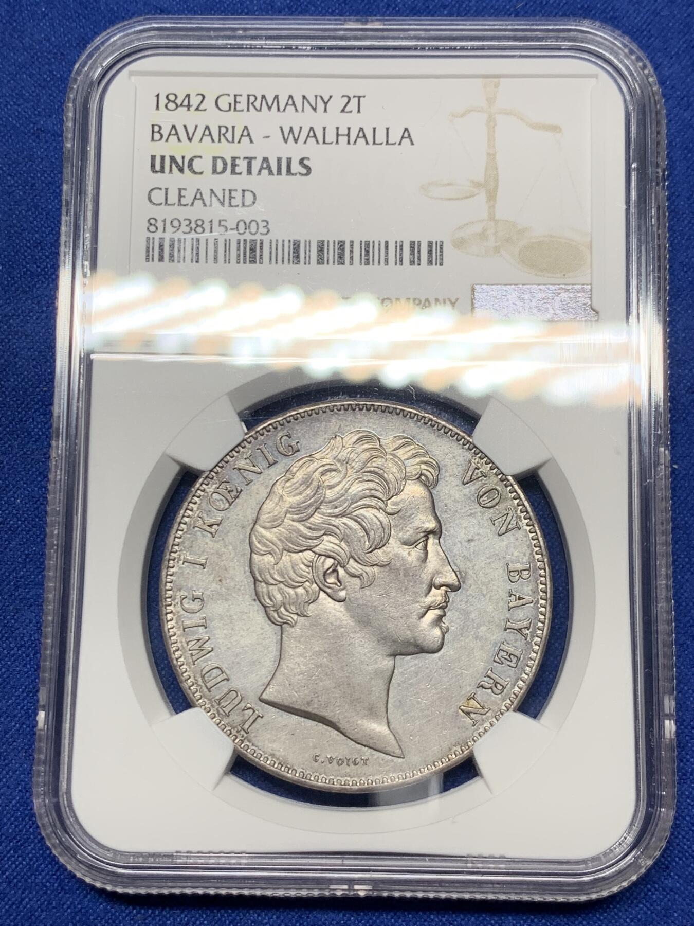 《竞宝斋》第289场- 周日，周一，周二 3场连拍 （全场包邮） NGC UNC 德国 1842年巴伐利亚瓦尔哈拉神殿历史双泰勒大银币 细节底板都难得 带PL光 37.12g 38mm