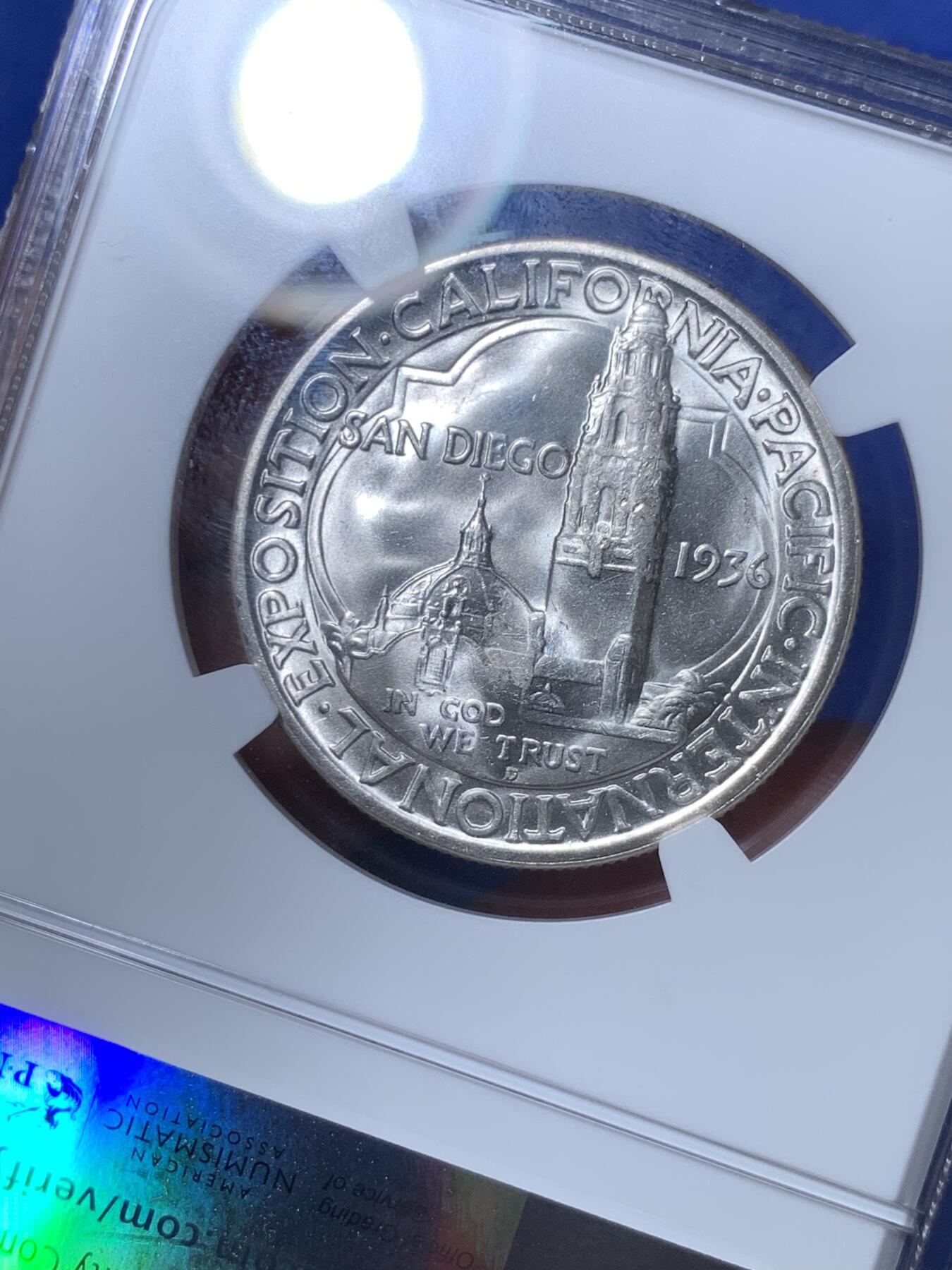 《竞宝斋》第289场- 周日，周一，周二 3场连拍 （全场包邮） NGC MS65 美国1936年圣地亚哥50c银币 少见品种