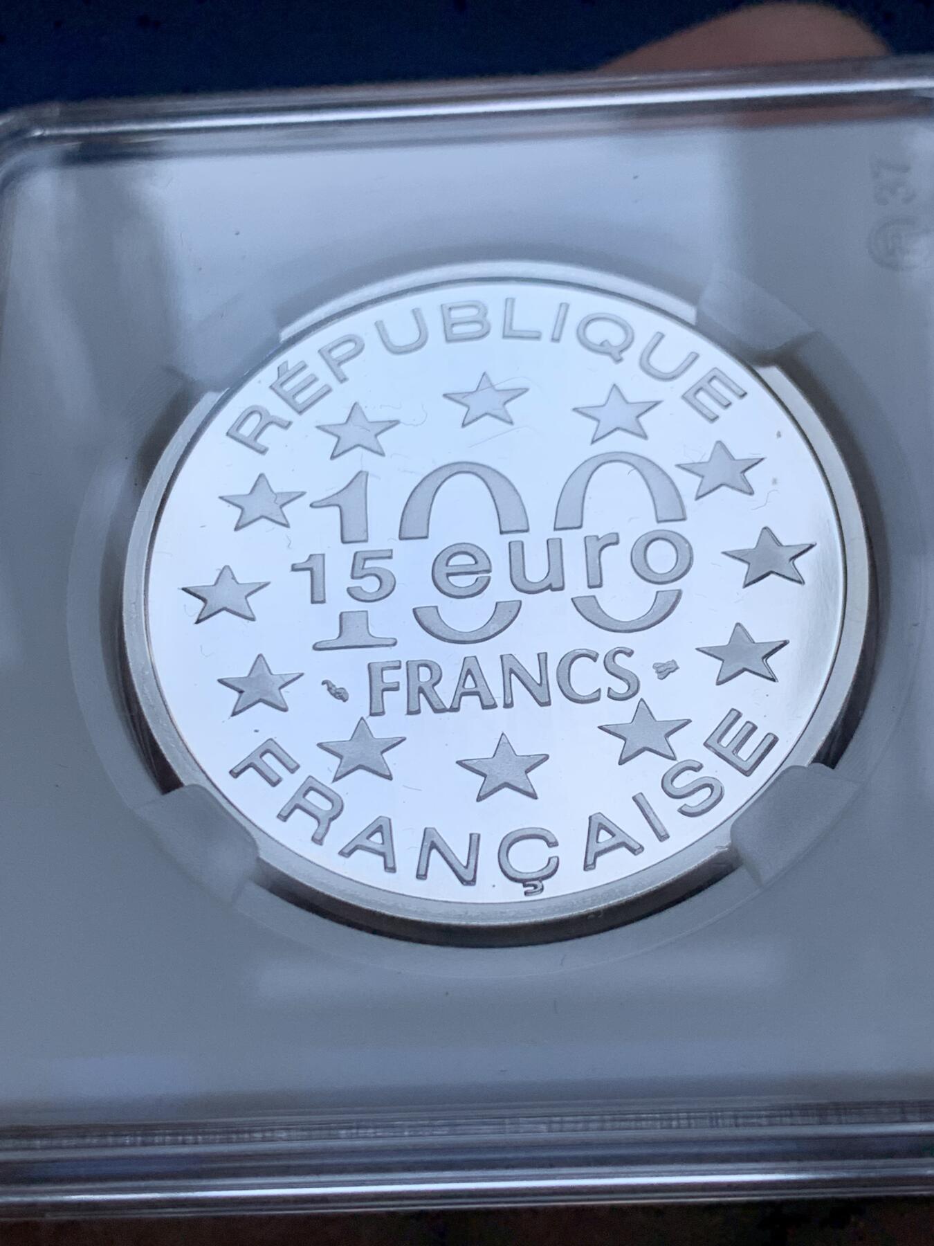 《竞宝斋》第289场- 周日，周一，周二 3场连拍 （全场包邮） 7枚一组 法国欧洲知名景点100法郎精制币 1993年巴黎凯旋门+1994年伦敦大本钟+1994年芬兰赫尔辛基圣尼古拉大教堂+1994年威尼斯圣马可宫+1995年安达卢西亚阿尔罕布拉宫+1996年雅典帕特农神庙+1997年丹麦哥本哈根美人鱼 22.2g 900银 37mm