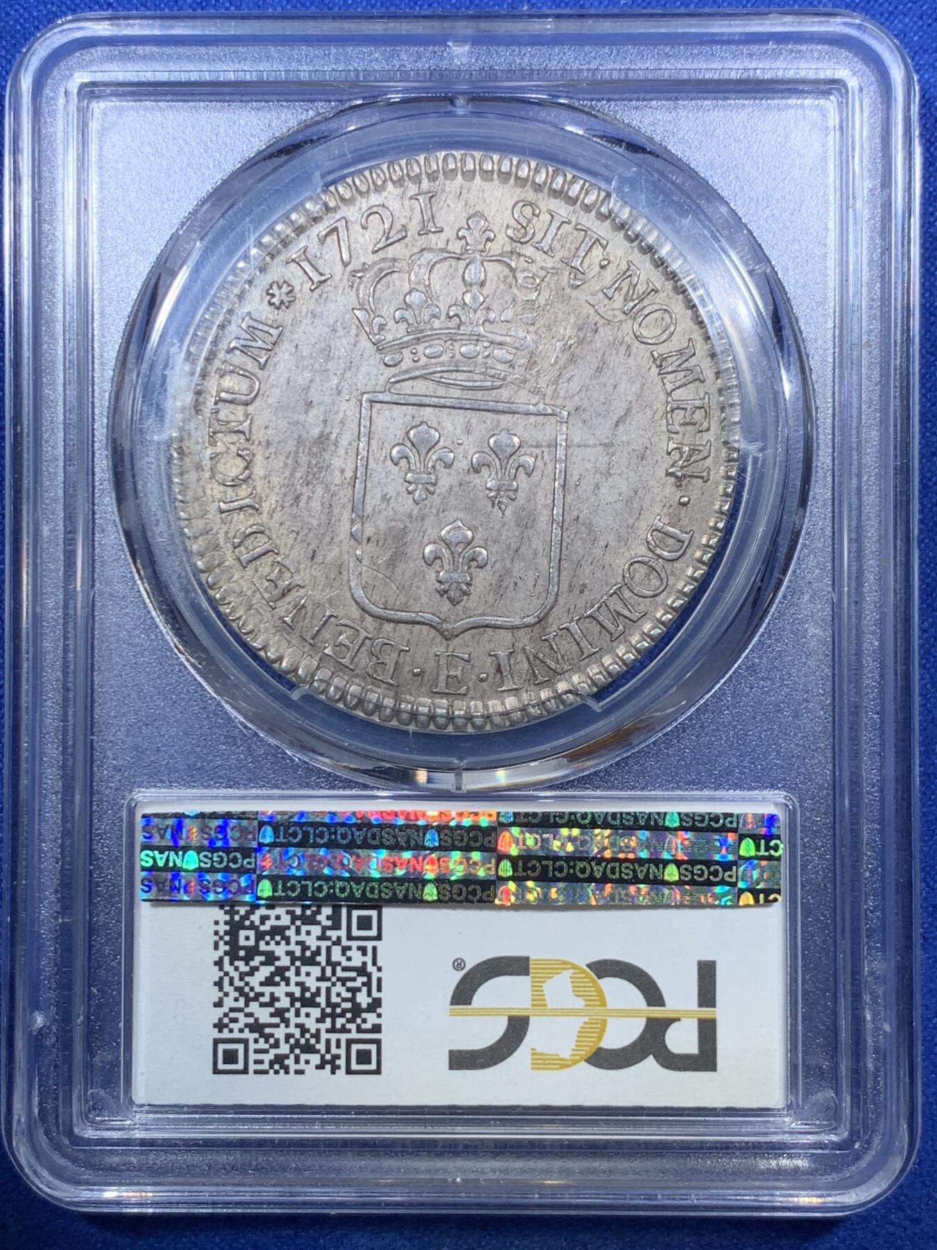 《竞宝斋》第289场- 周日，周一，周二 3场连拍 （全场包邮） PCGS AU58 法国 1721年-E图尔厂路易十五少年版埃居P唯一冠军分 N唯一亚军分 仅一枚更高