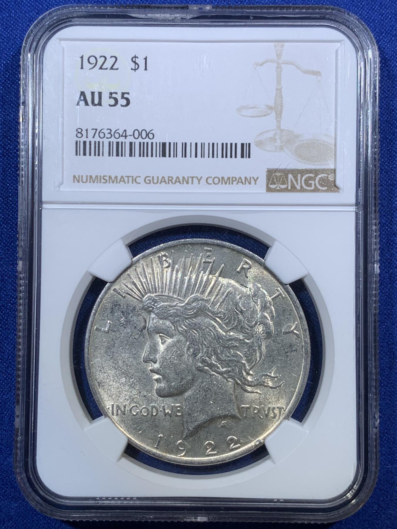 《竞宝斋》第289场- 周日，周一，周二 3场连拍 （全场包邮） NGC AU55 美国1922年和平银元 经典可藏