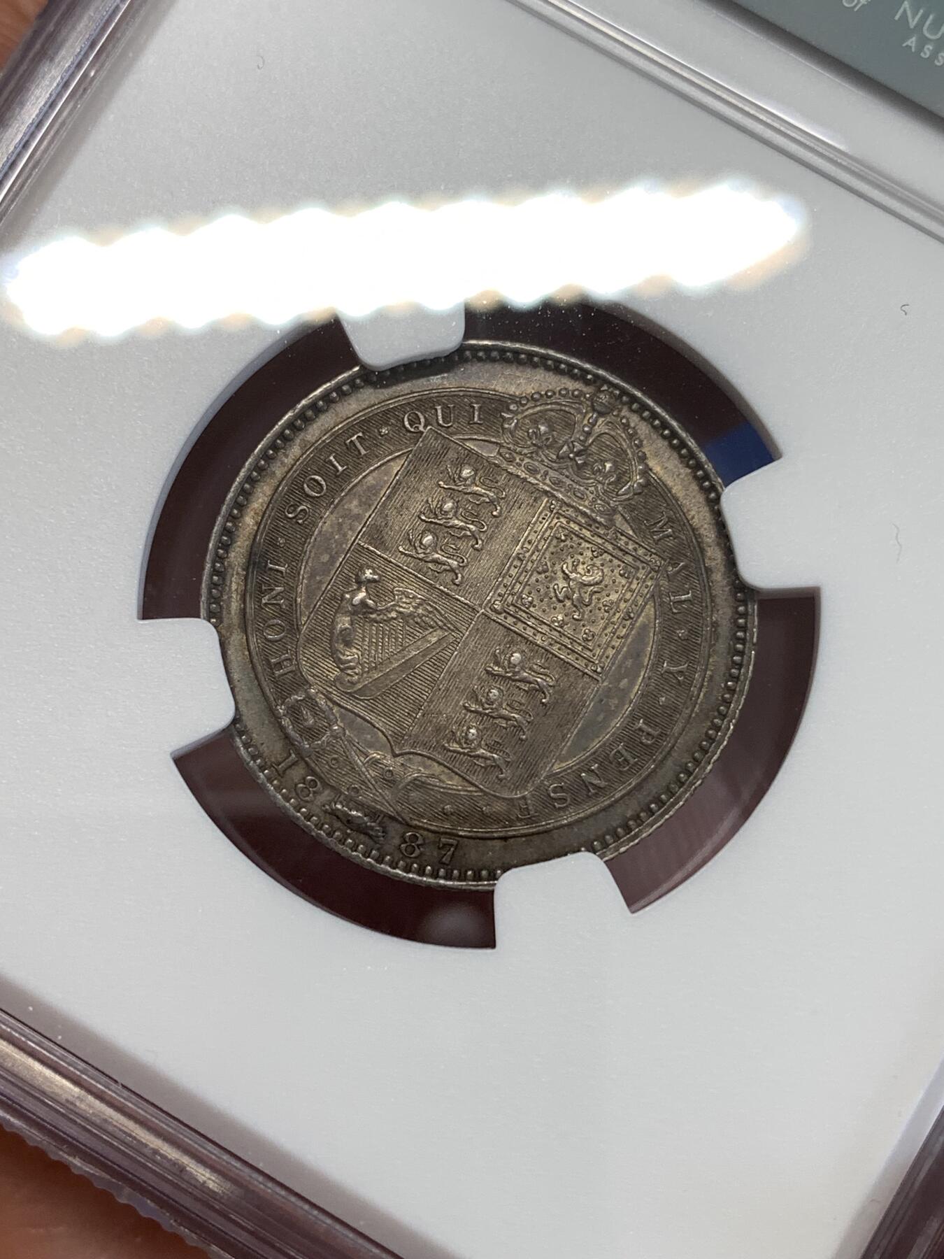 《竞宝斋》第289场- 周日，周一，周二 3场连拍 （全场包邮） NGC AU58 英国1887年维多利亚1先令银币