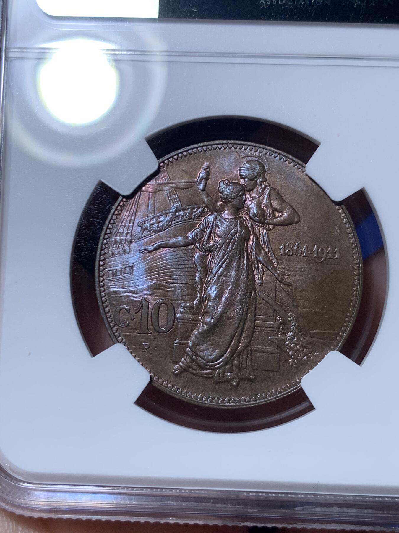 《竞宝斋》第289场- 周日，周一，周二 3场连拍 （全场包邮） NGC MS65BN 亚军分 意大利 1911 建国50周年铜币 高的仅3枚 少见高分托奶 艺术性极佳。