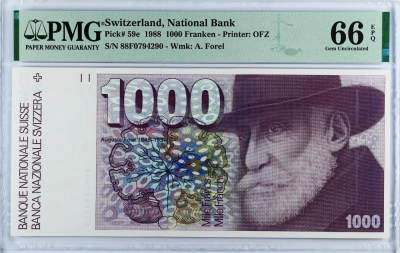 【Blue Auction】✨世界纸币精拍第509期【精】 -     瑞士 1988年1000法郎 PMG66EPQ 经典大蚂蚁 瑞士精神病学家、昆虫学家福雷尔