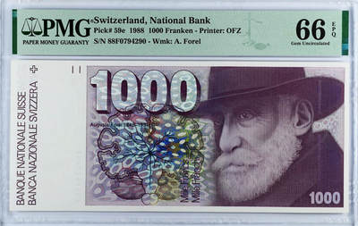 【Blue Auction】✨世界纸币精拍第509期【精】 -     瑞士 1988年1000法郎 PMG66EPQ 经典大蚂蚁 瑞士精神病学家、昆虫学家福雷尔