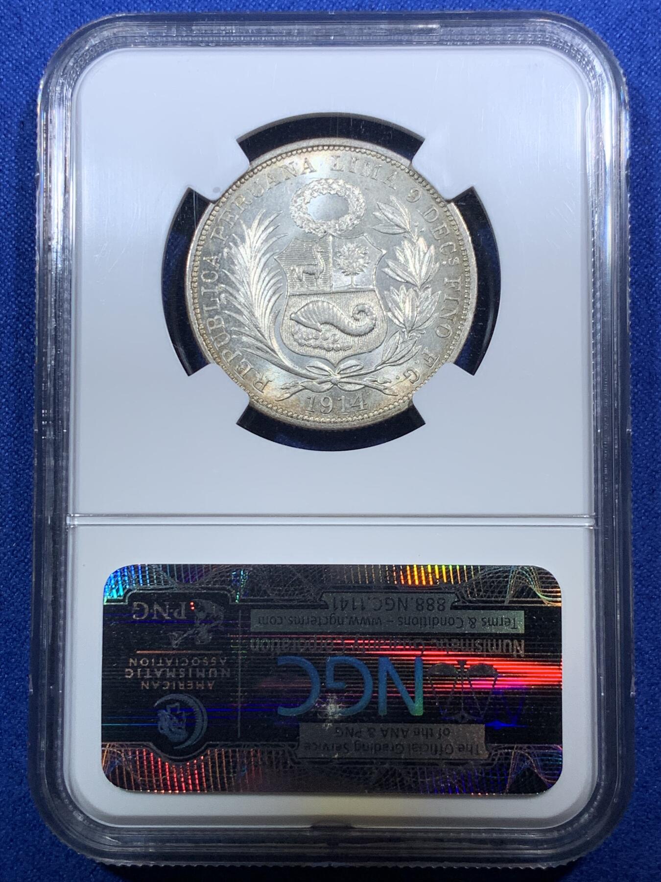 《竞宝斋》第289场- 周日，周一，周二 3场连拍 （全场包邮） NGC MS64 秘鲁1914年坐人女神半索尔银币 半圆大小，经典女神坐像。卷首币，正面浓郁深五彩，背面银光粉润，老N盒严评