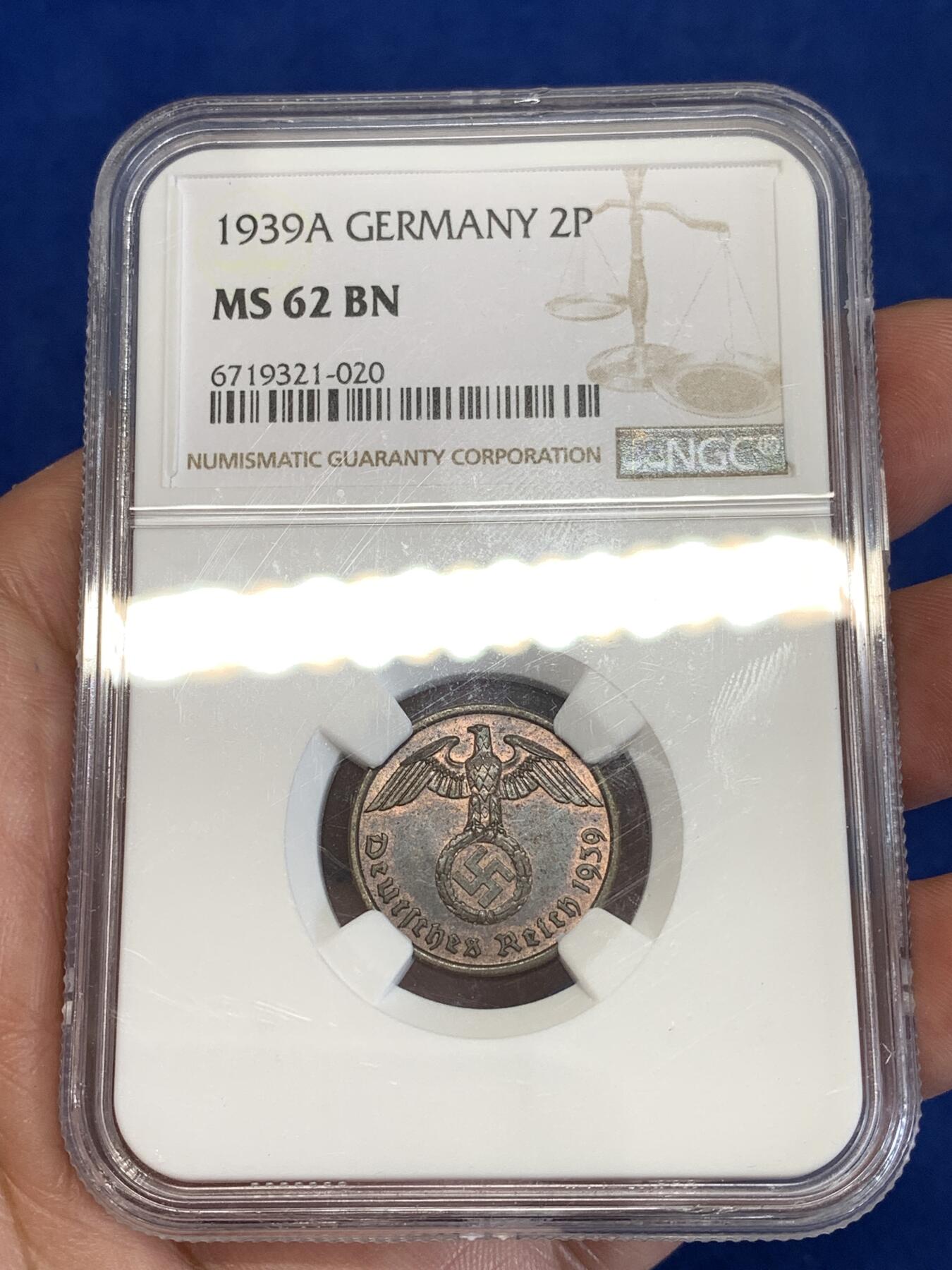 《竞宝斋》第289场- 周日，周一，周二 3场连拍 （全场包邮） NGC MS62BN 德国1939年A厂2芬尼