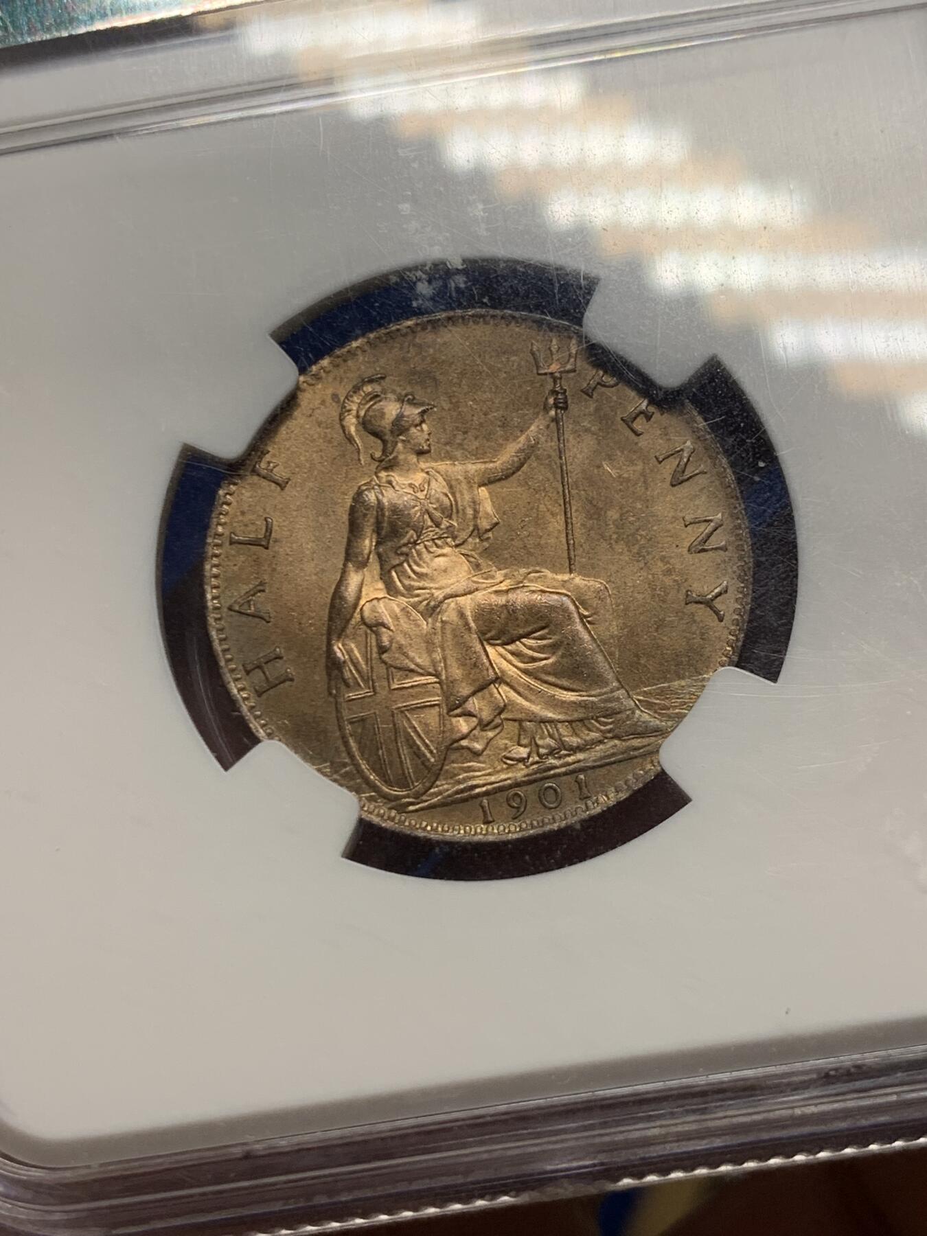 《竞宝斋》第289场- 周日，周一，周二 3场连拍 （全场包邮） NGC MS64RB 英国1901年 维多利亚半便士 老盒严评 底板丝滑转光强烈 市面上半便士比便士难遇到