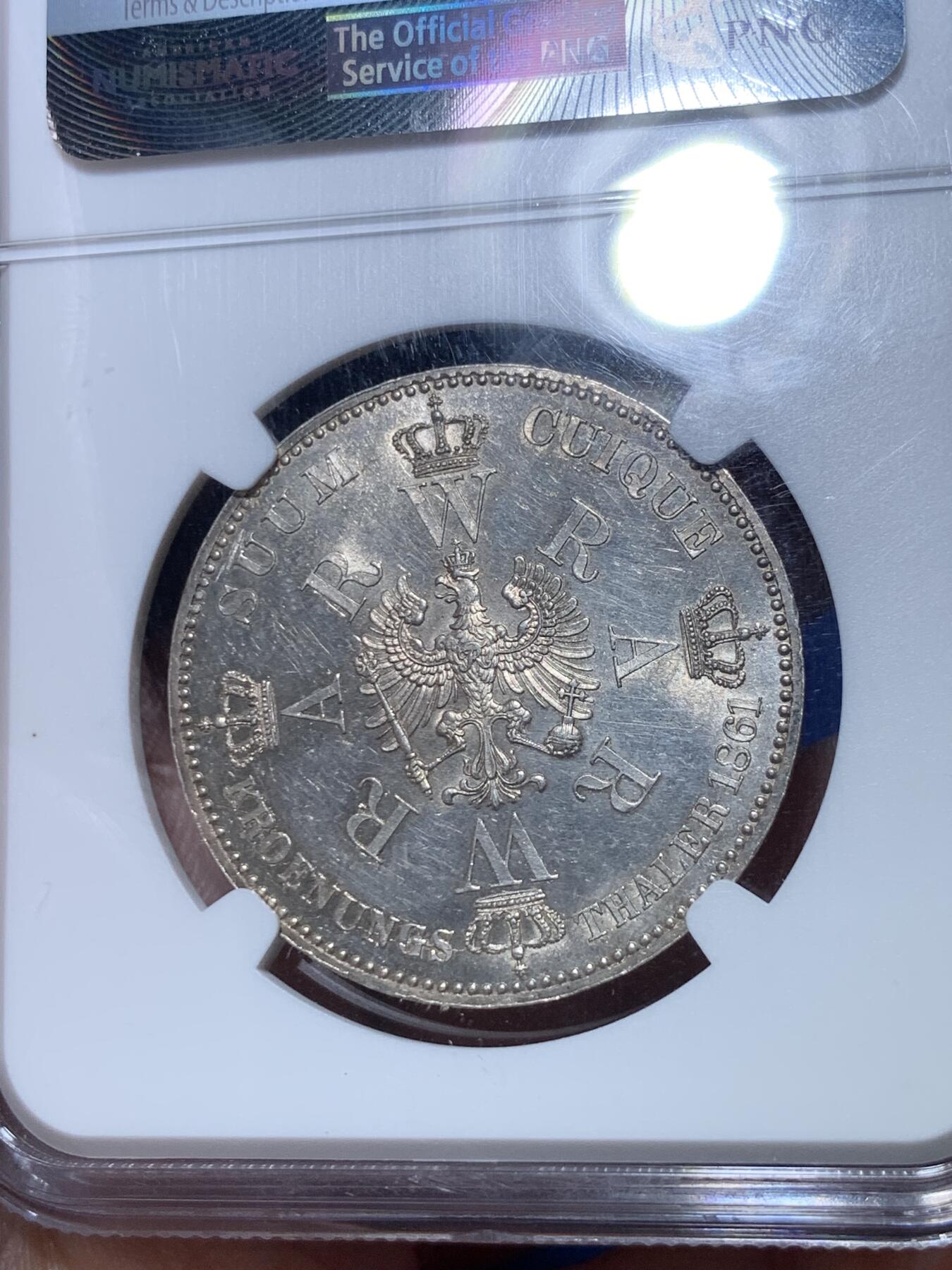 《竞宝斋》第289场- 周日，周一，周二 3场连拍 （全场包邮） NGC MS62 德国1861普鲁士威廉一世登基1泰勒 银币