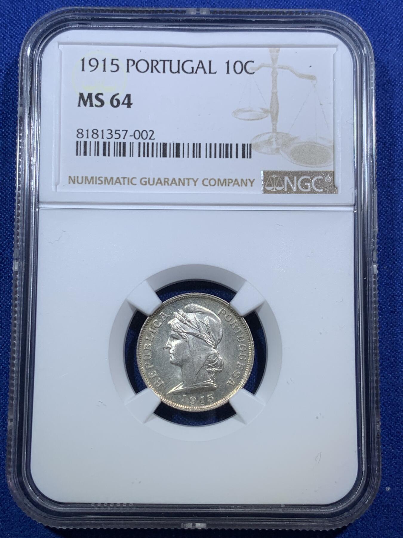 《竞宝斋》第289场- 周日，周一，周二 3场连拍 （全场包邮） NGC MS64 葡萄牙1915年谷物女神10分银币 单年版 凑套必备 小辅币高分不易