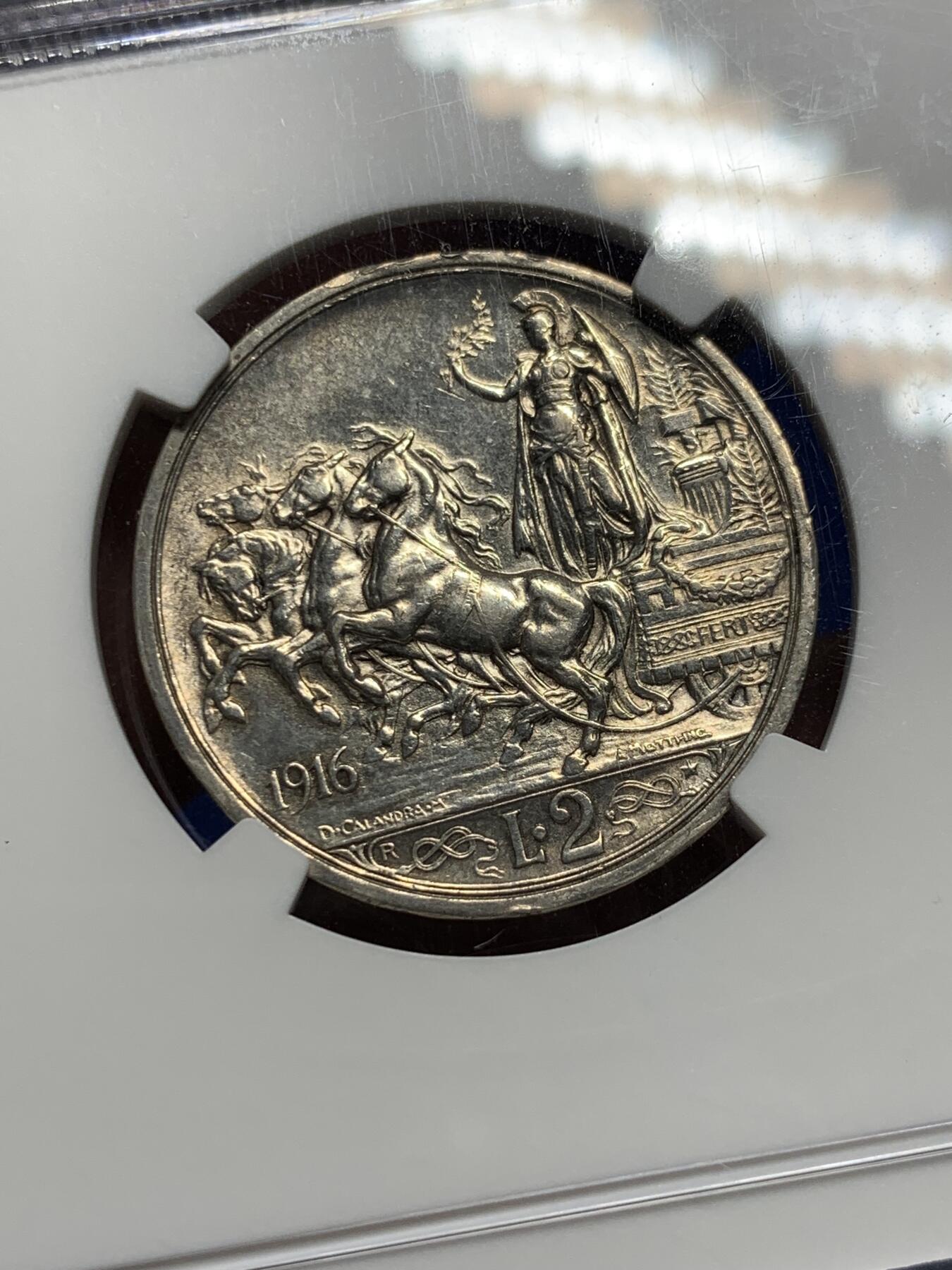 《竞宝斋》第289场- 周日，周一，周二 3场连拍 （全场包邮） NGC AU53 意大利1916年2里拉银币 马车 女神 造币艺术的经典品种