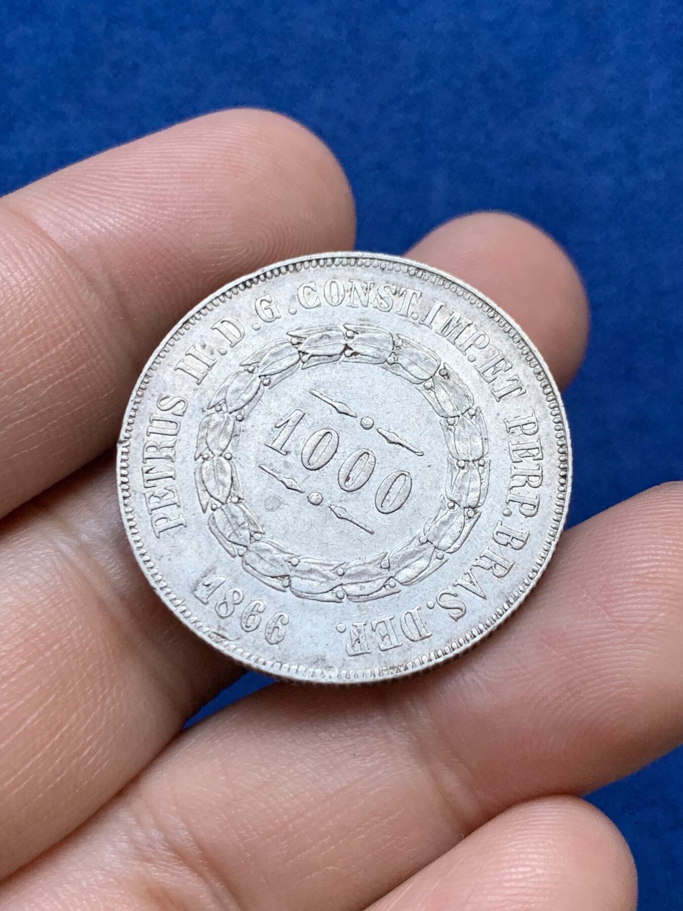 《竞宝斋》第289场- 周日，周一，周二 3场连拍 （全场包邮） 巴西 1866年 1000瑞斯银币 少见品种 充满拉美风情