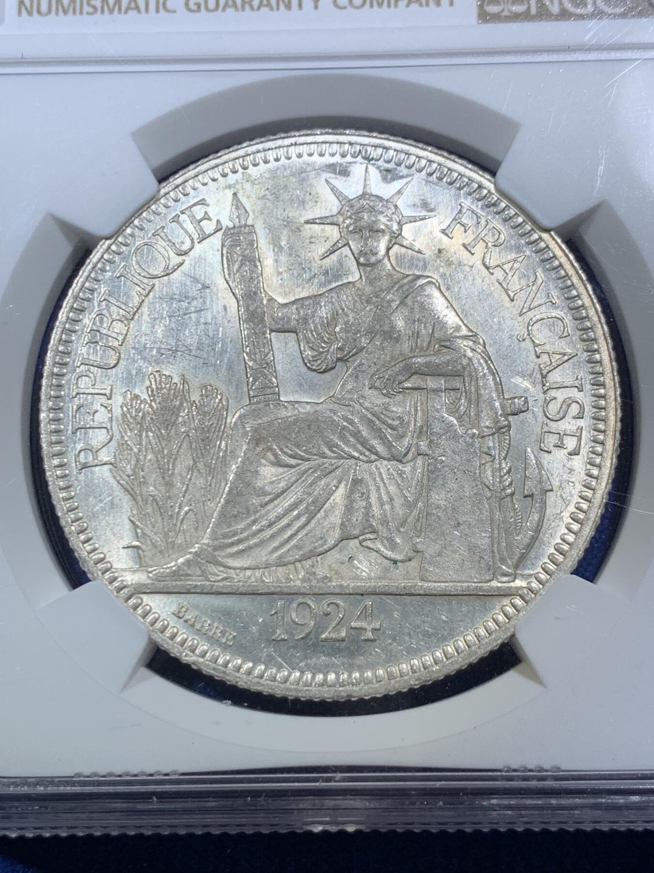 《竞宝斋》第289场- 周日，周一，周二 3场连拍 （全场包邮） NGC UNCD 法属印支1924年坐洋银币 年份不多见 细节不错