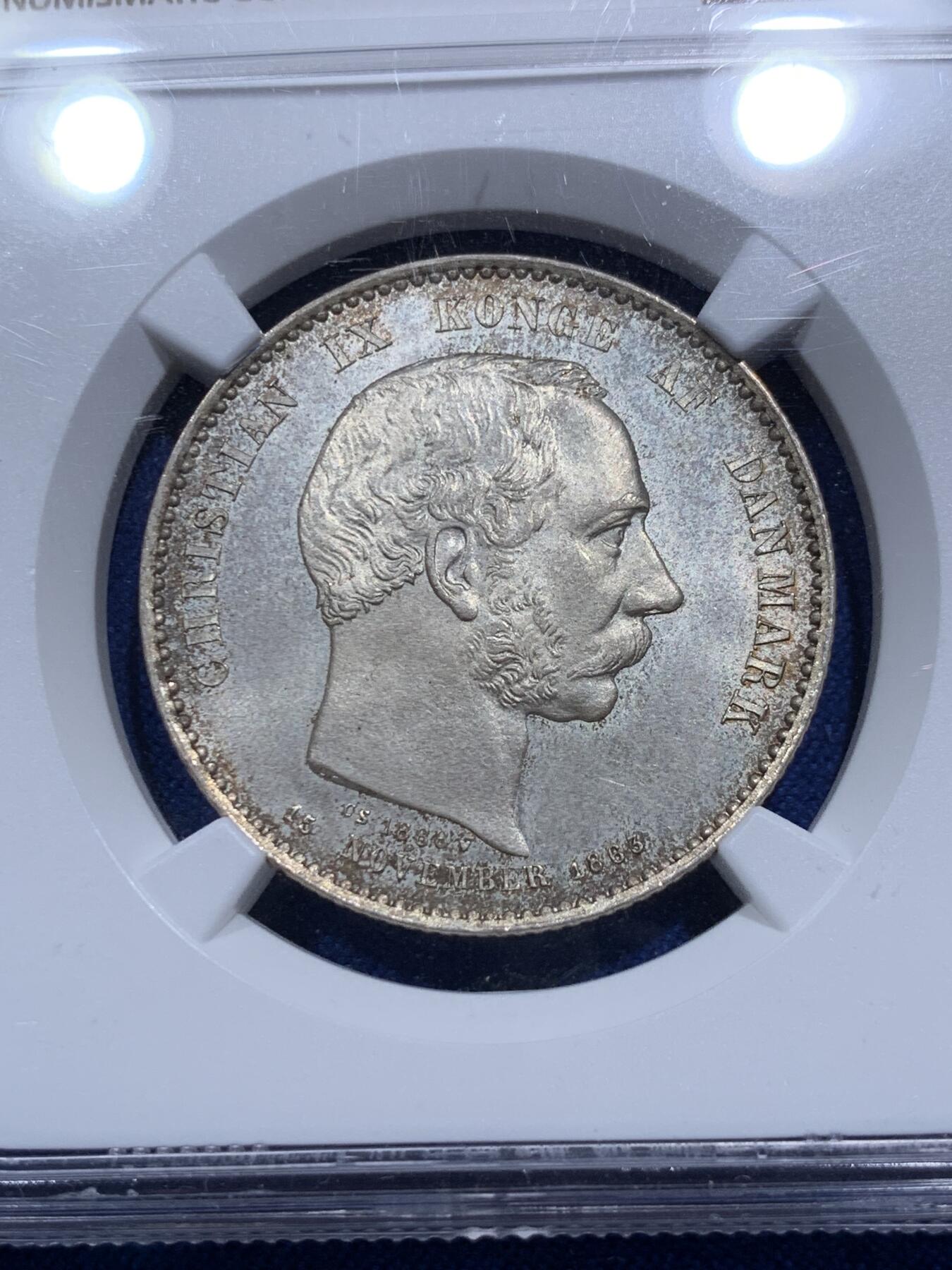 《竞宝斋》第290场- 周日，周一，周二 3场连拍 （全场包邮） NGC MS65 丹麦 1888年 2克朗 25周年纪念银币 高分稀少品种