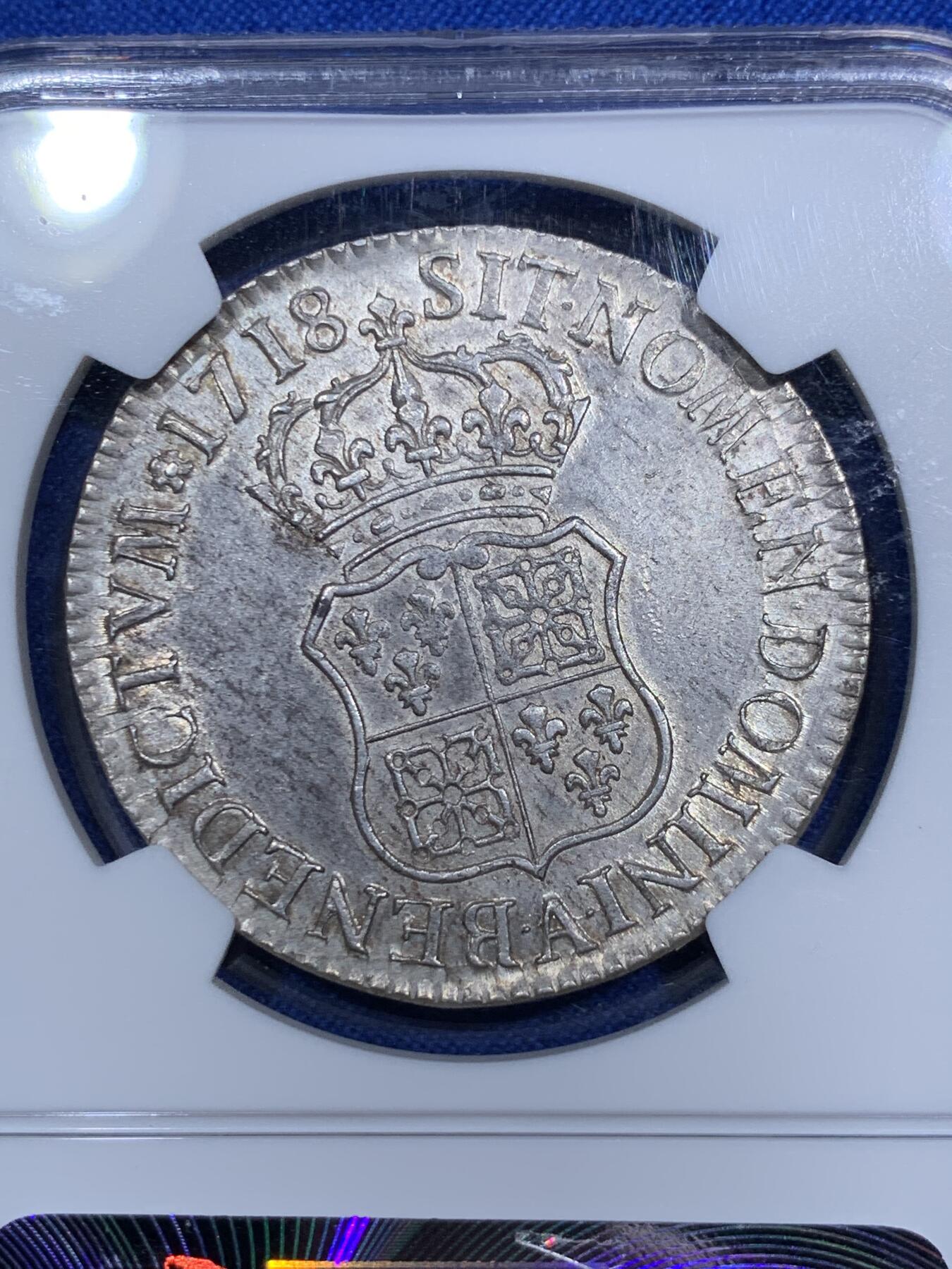 《竞宝斋》第290场- 周日，周一，周二 3场连拍 （全场包邮） NGC AU58 法国 1718 路易十五小孩大头版 埃居大银币 深打清晰 减重不多 比较不易