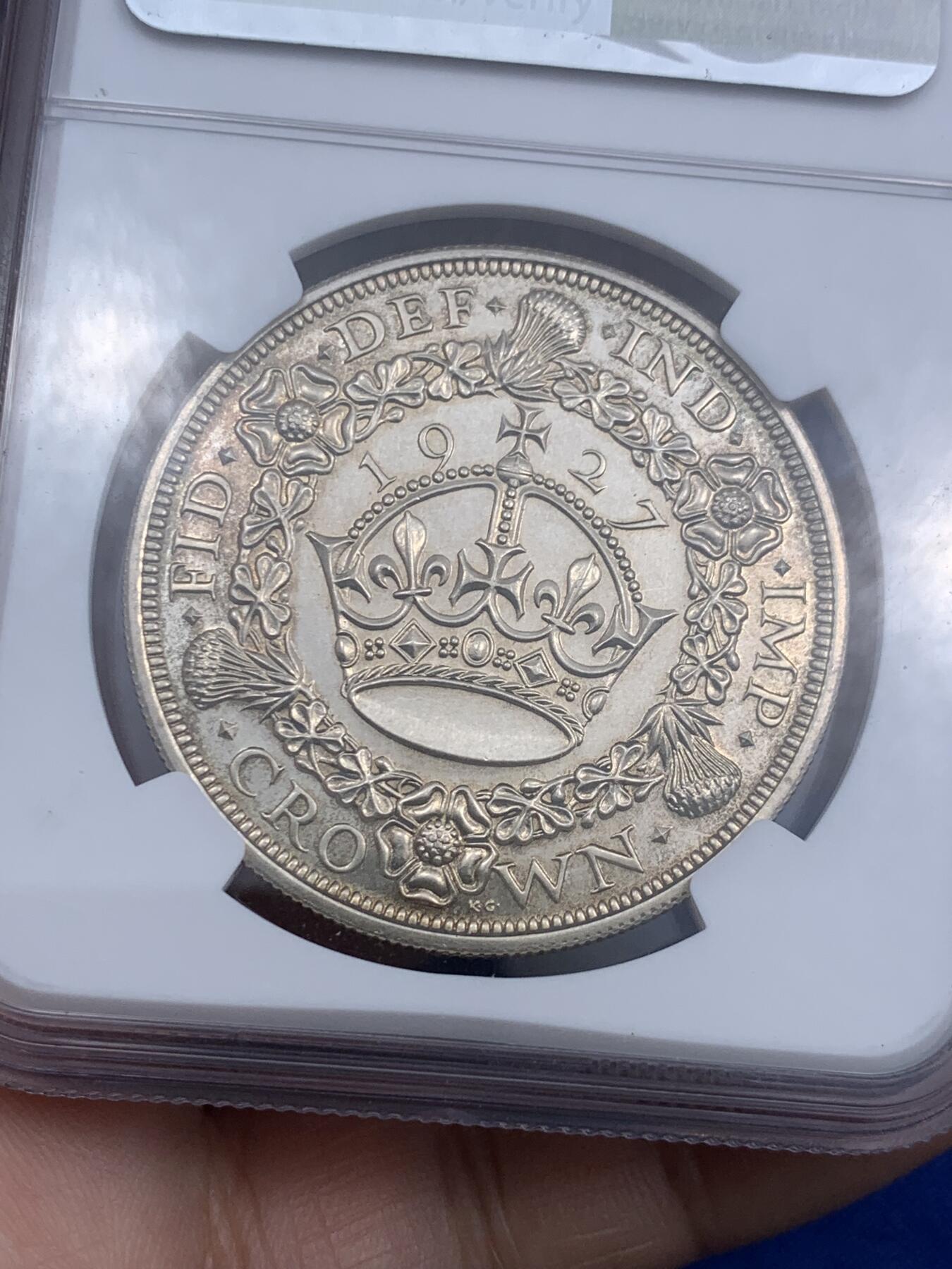 《竞宝斋》第290场- 周日，周一，周二 3场连拍 （全场包邮） NGC PF63 英国 1927年乔治五世花冠1克朗精制银币，发行量仅1.5万枚