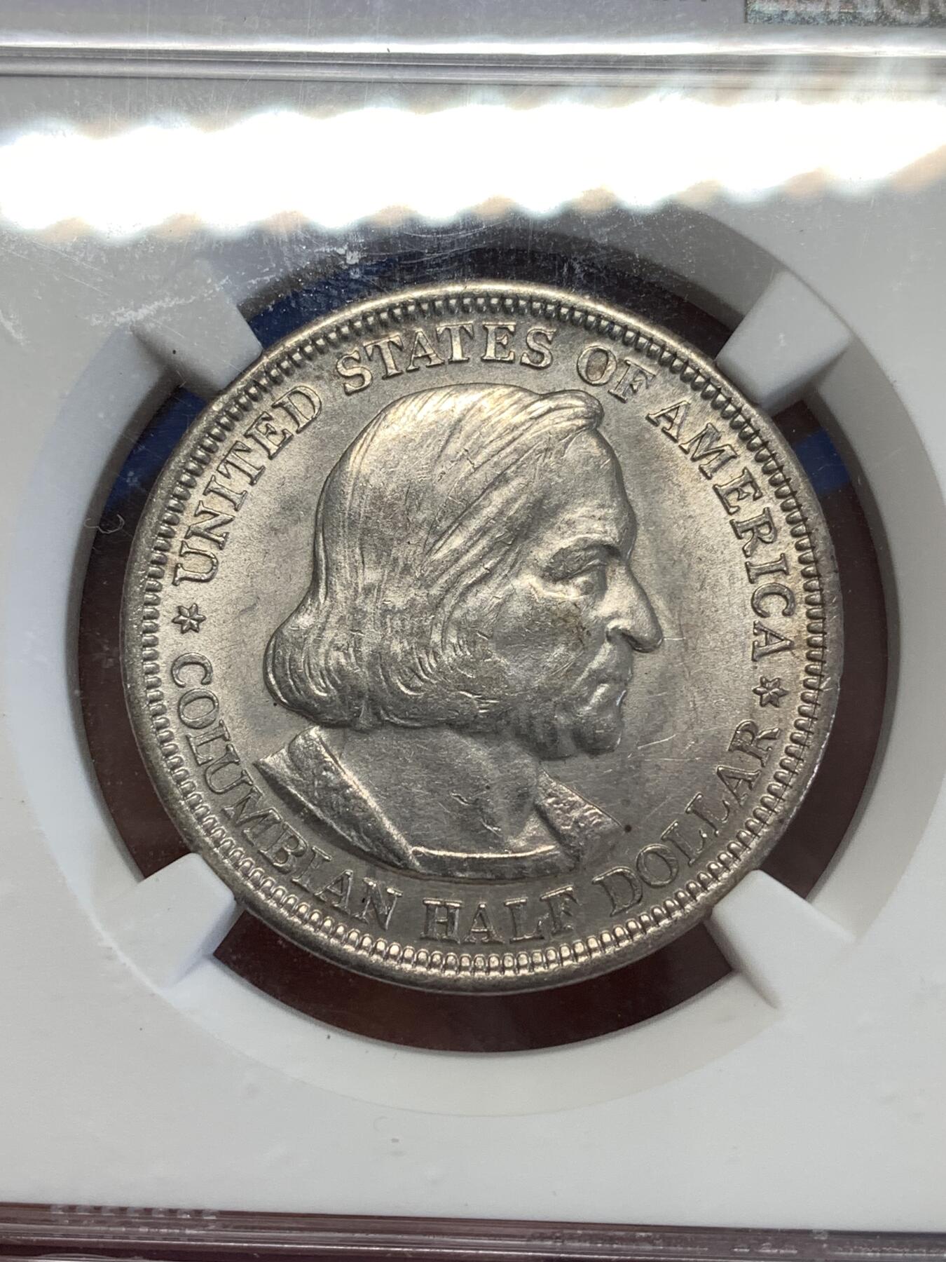 《竞宝斋》第290场- 周日，周一，周二 3场连拍 （全场包邮） NGC MS62 美国 1893年 纪念哥伦布50美分银币 转光明显 底板干净