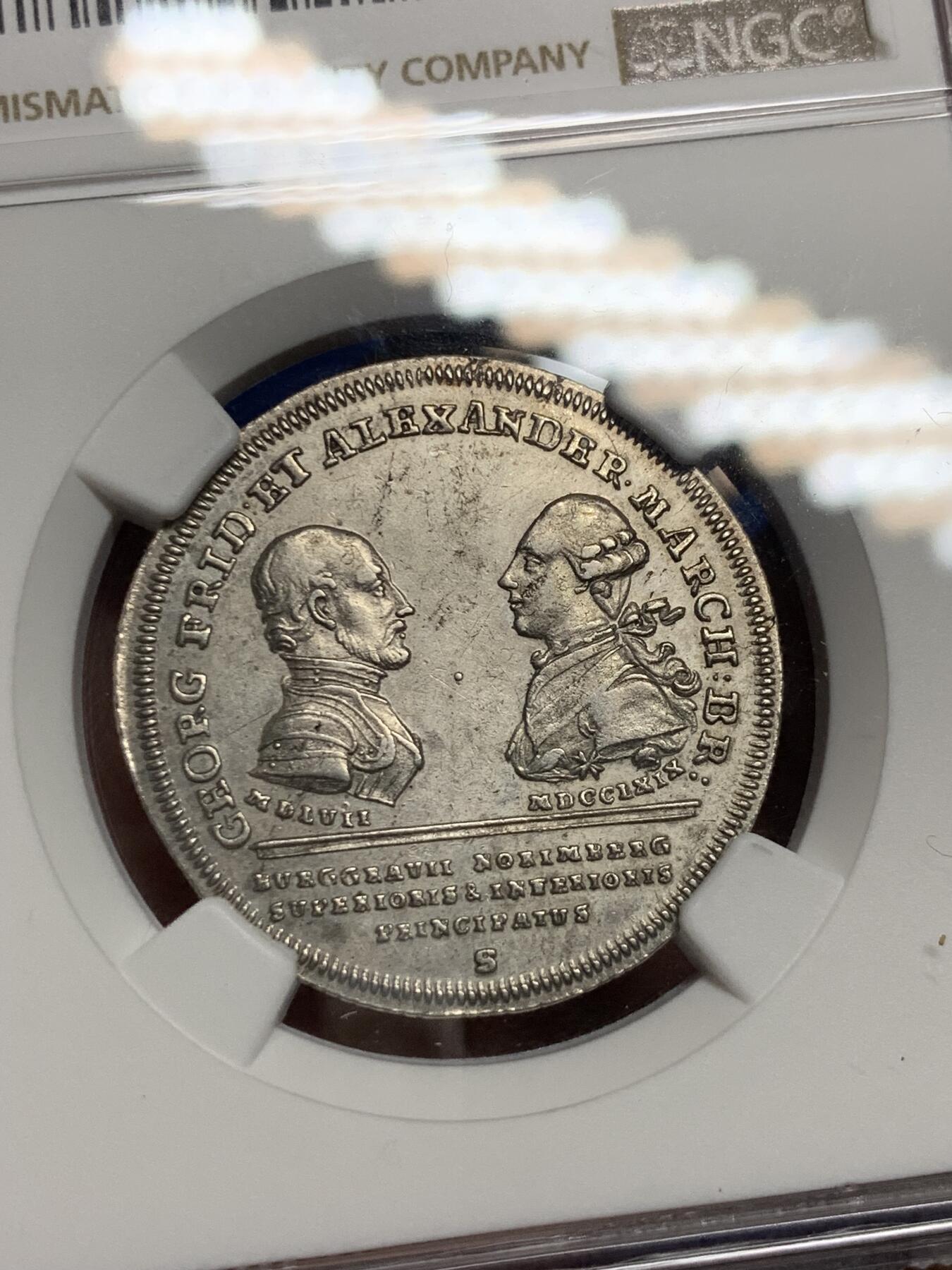 《竞宝斋》第290场- 周日，周一，周二 3场连拍 （全场包邮） 唯一入盒冠军分！NGC AU58 德国 1769S 勃兰登堡与拜罗伊特联合 1/4泰勒银币 少见且高价的品种