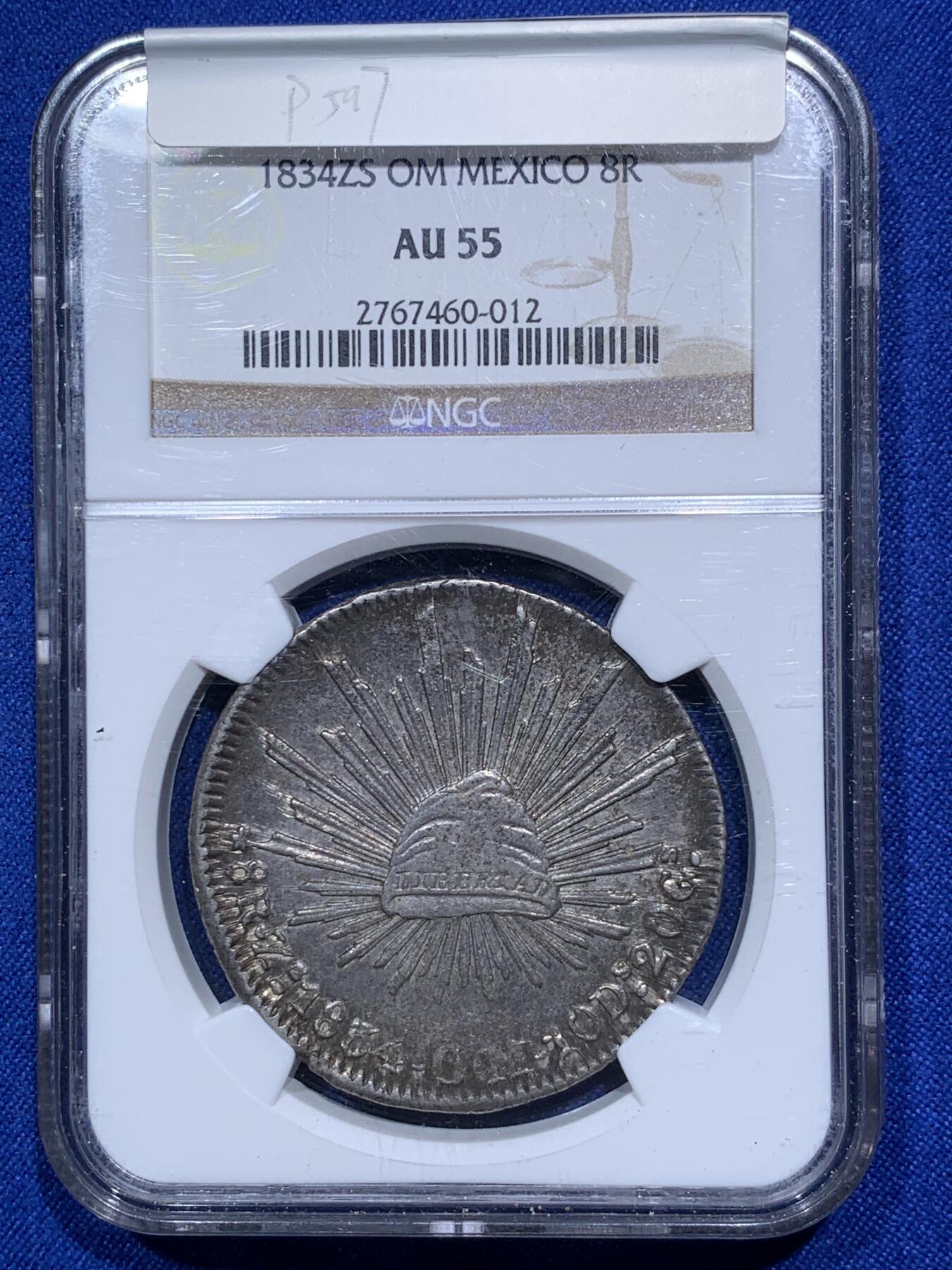 《竞宝斋》第290场- 周日，周一，周二 3场连拍 （全场包邮） NGC AU55 墨西哥1834年早期鹰洋 章型币 稀见早期肥鹰 鹰羽仙人掌细节不错，入骨深五彩，美不胜收。老N盒品质保障，状态超越分数