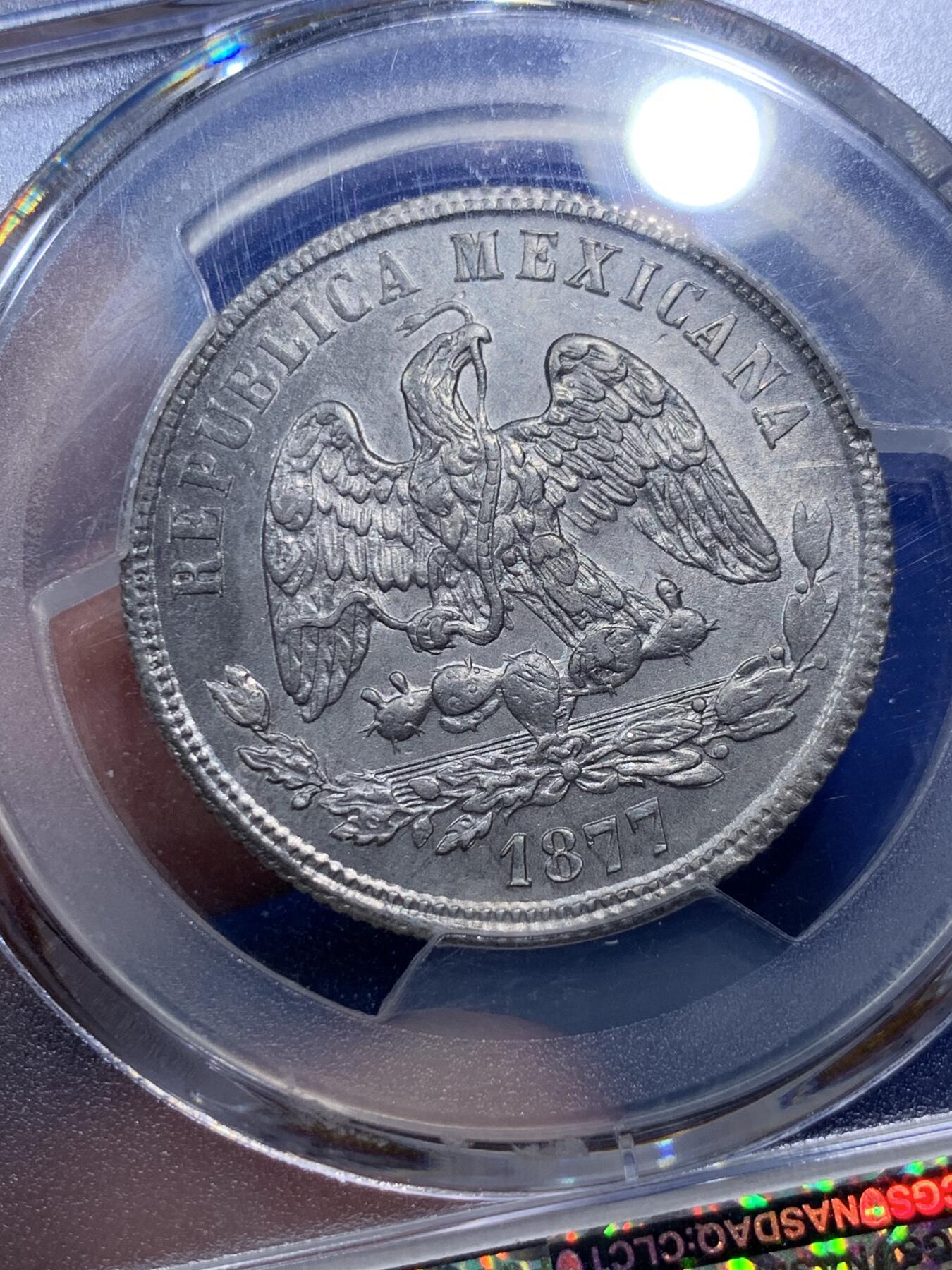 《竞宝斋》第290场- 周日，周一，周二 3场连拍 （全场包邮） PCGS UNCD 墨西哥1877少见天平鹰洋50分银币 50C数量远少于1比索 此枚带灰色包浆 细节精美