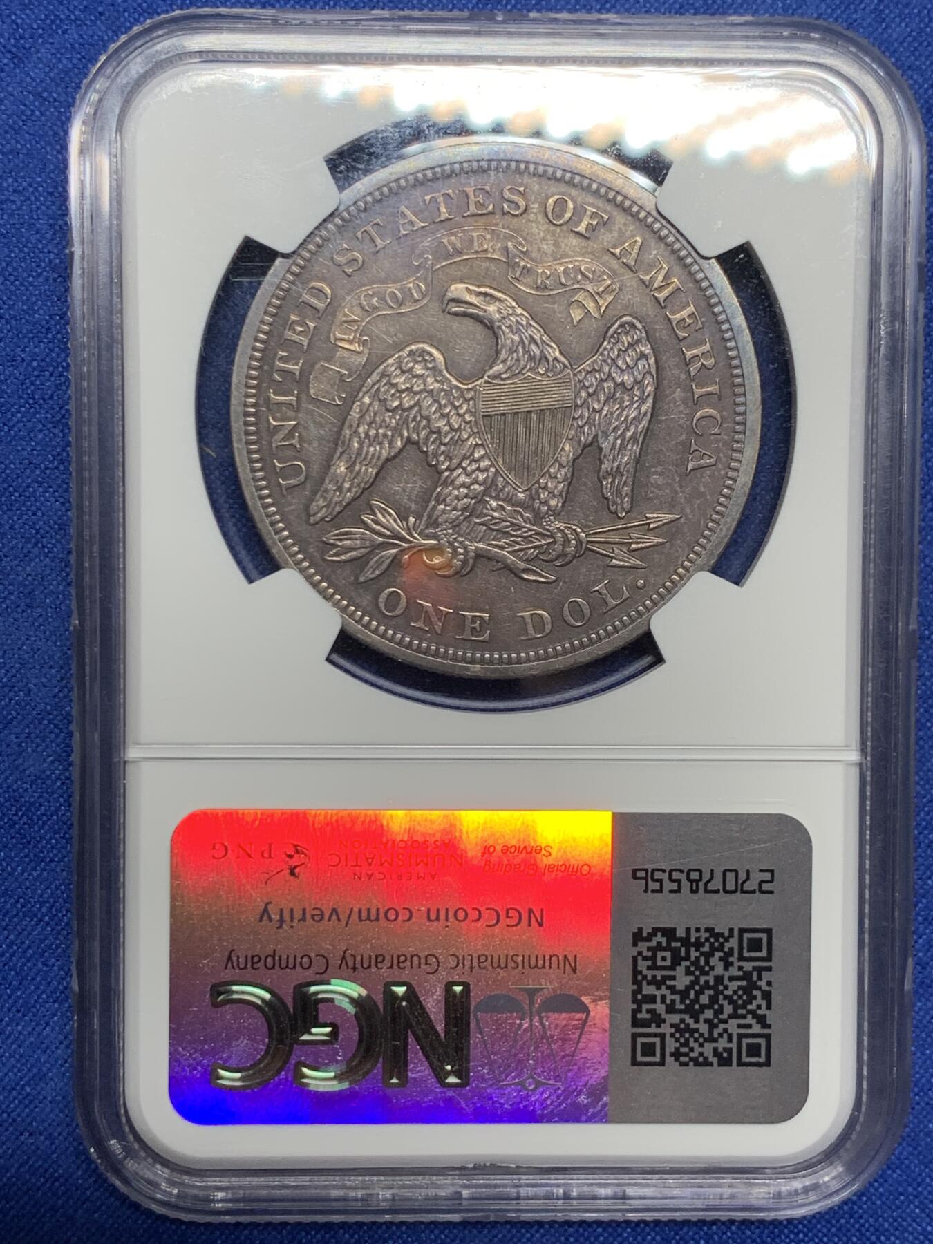 《竞宝斋》第290场- 周日，周一，周二 3场连拍 （全场包邮） NGC-AU 美国 1870年坐姿自由女神像1美元大银币，AU品级，稀缺早期美国大银 难遇