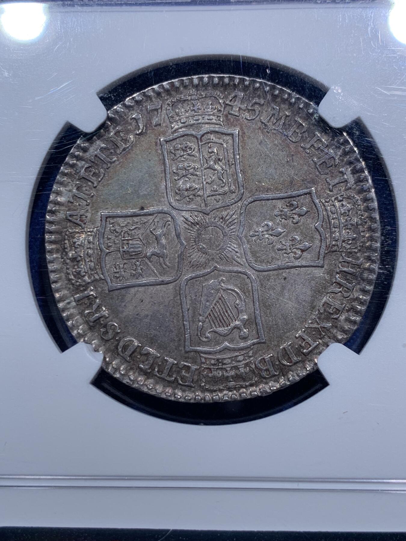 《竞宝斋》第290场- 周日，周一，周二 3场连拍 （全场包邮） NGC MS61 英国1745乔治二世LIMA版本半克朗 原味彩浆