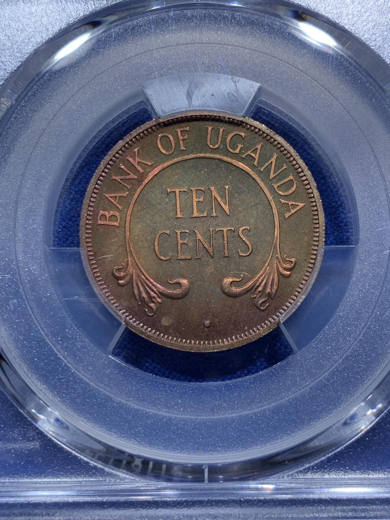 《竞宝斋》第290场- 周日，周一，周二 3场连拍 （全场包邮） PCGS金盾 PR66RB 乌干达1966年首年10分精制铜币 背面紫色包浆