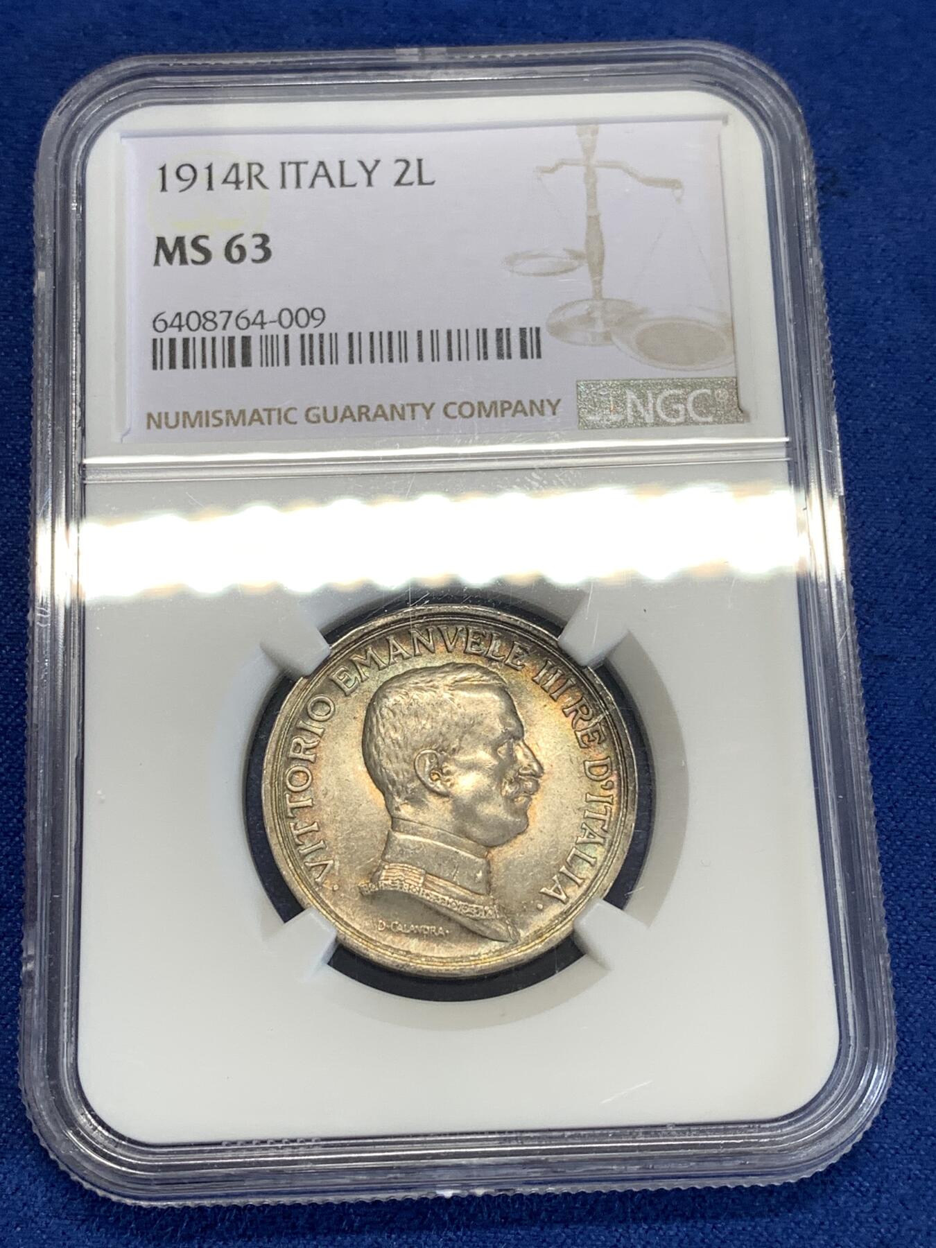 《竞宝斋》第290场- 周日，周一，周二 3场连拍 （全场包邮） NGC MS63 意大利 1914年 2里拉 马车银币 经典品种 漂亮的包浆