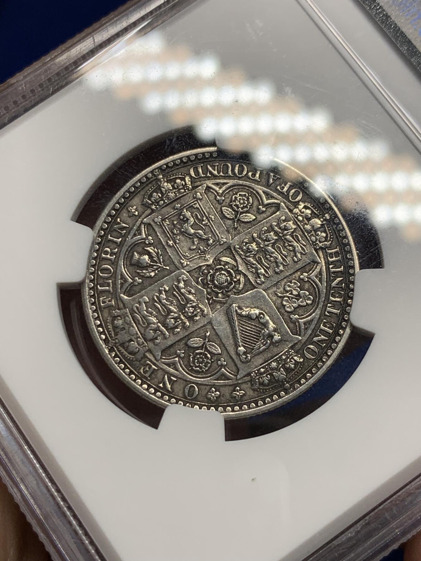 《竞宝斋》第290场- 周日，周一，周二 3场连拍 （全场包邮） NGC AU50 英国 1849年 维多利亚女王无神弗罗林银币 高点保存完整 底板干净