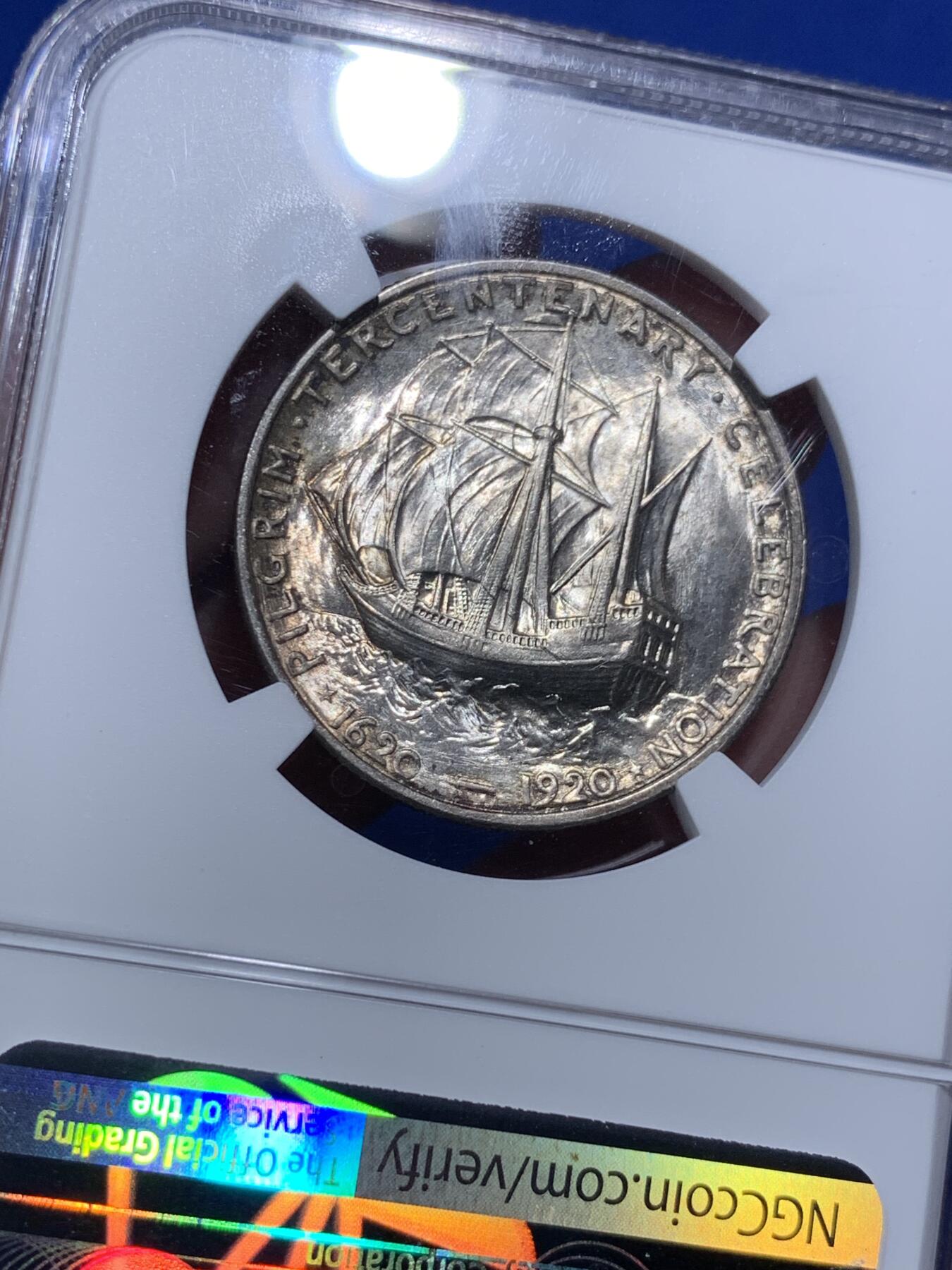 《竞宝斋》第290场- 周日，周一，周二 3场连拍 （全场包邮） NGC MS64 美国 1920年 五月花号/清教徒移民 半美元  背面五月花号呼之欲出 非常漂亮的设计