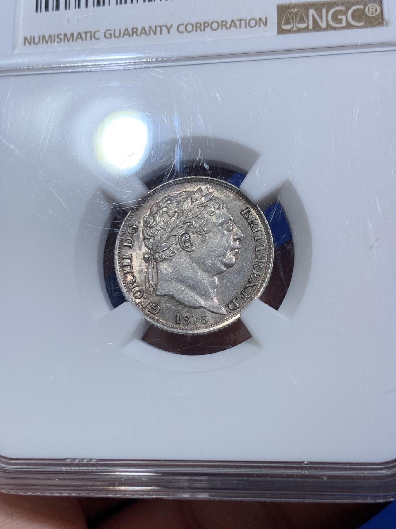 《竞宝斋》第290场- 周日，周一，周二 3场连拍 （全场包邮） NGC MS61 1816年英国乔治三世牛头6便士银币 经典品种 币面带银霜  感觉低评了