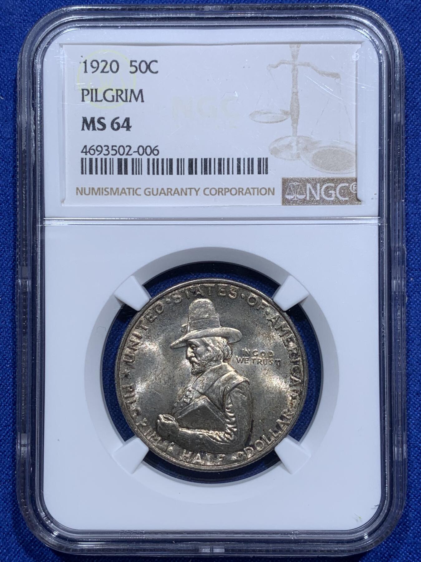 《竞宝斋》第290场- 周日，周一，周二 3场连拍 （全场包邮） NGC MS64 美国 1920年 五月花号/清教徒移民 半美元  背面五月花号呼之欲出 非常漂亮的设计