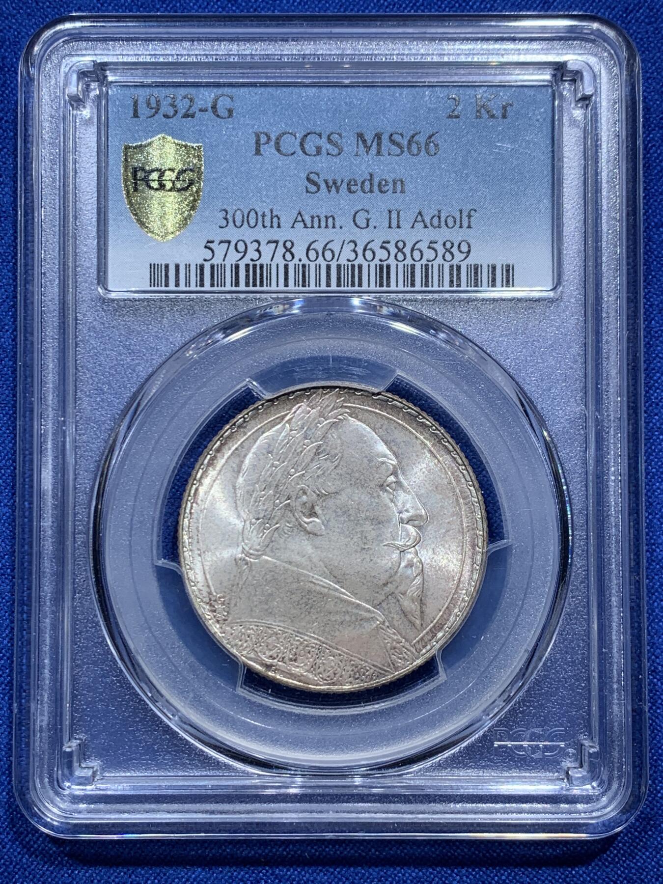 《竞宝斋》第290场- 周日，周一，周二 3场连拍 （全场包邮） PCGS MS66 瑞典 1932年 2克朗 纪念银币