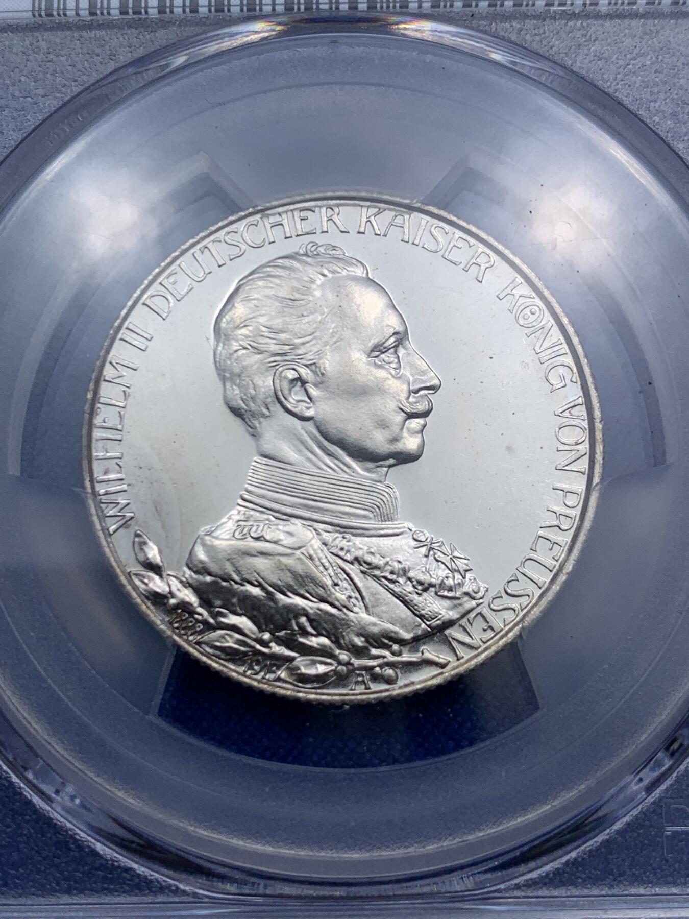 《竞宝斋》第290场- 周日，周一，周二 3场连拍 （全场包邮） PCGS PR64 德国1913A普鲁士威廉二世国王登基25周年精制银币 2马克 90% 11.11g 发行量5000枚