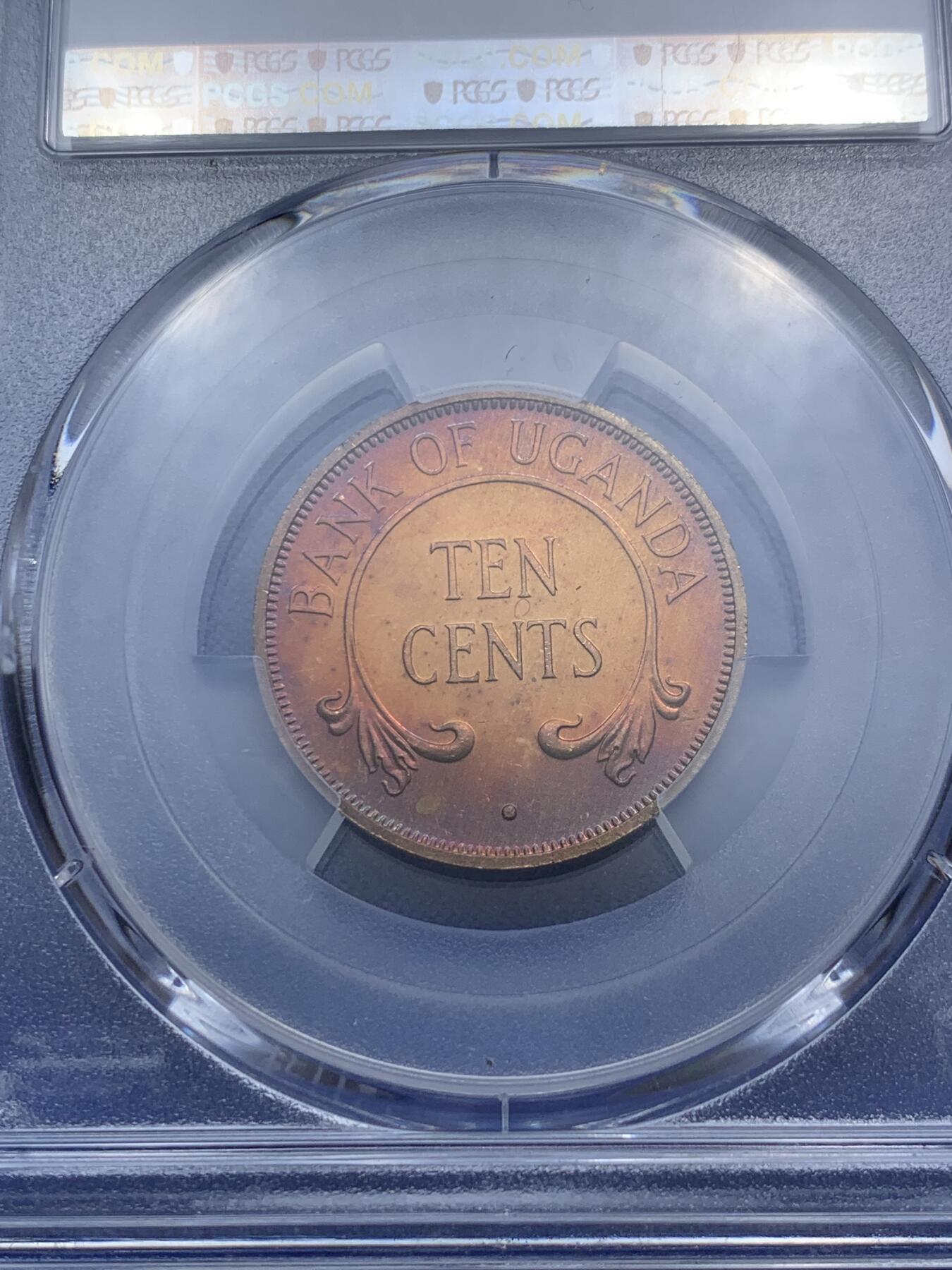 《竞宝斋》第290场- 周日，周一，周二 3场连拍 （全场包邮） PCGS金盾 PR66RB 乌干达1966年首年10分精制铜币 背面紫色包浆