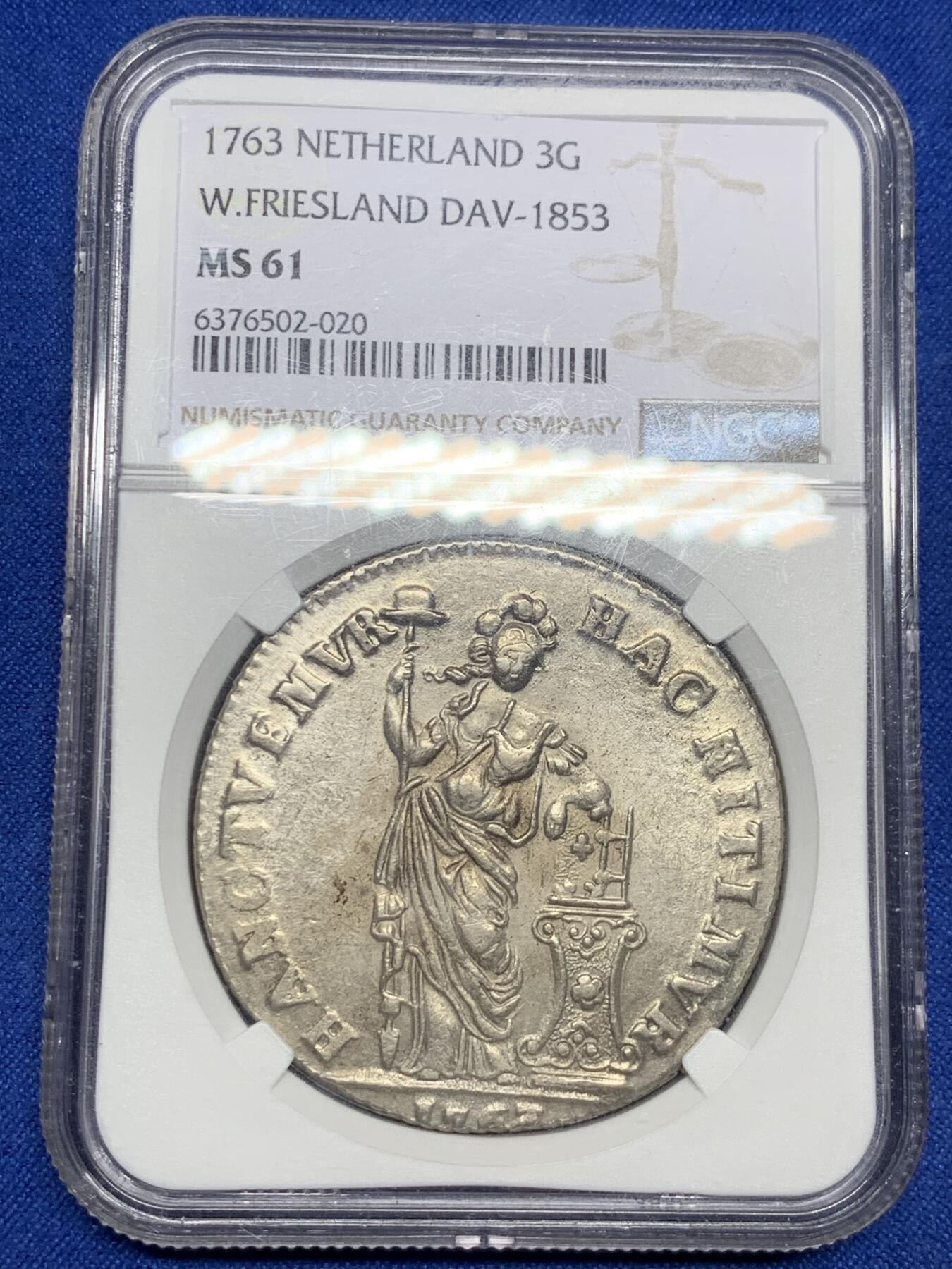 《竞宝斋》第290场- 周日，周一，周二 3场连拍 （全场包邮） NGC MS61 荷兰1763年站人女神三盾 早起年份打制好带转光
