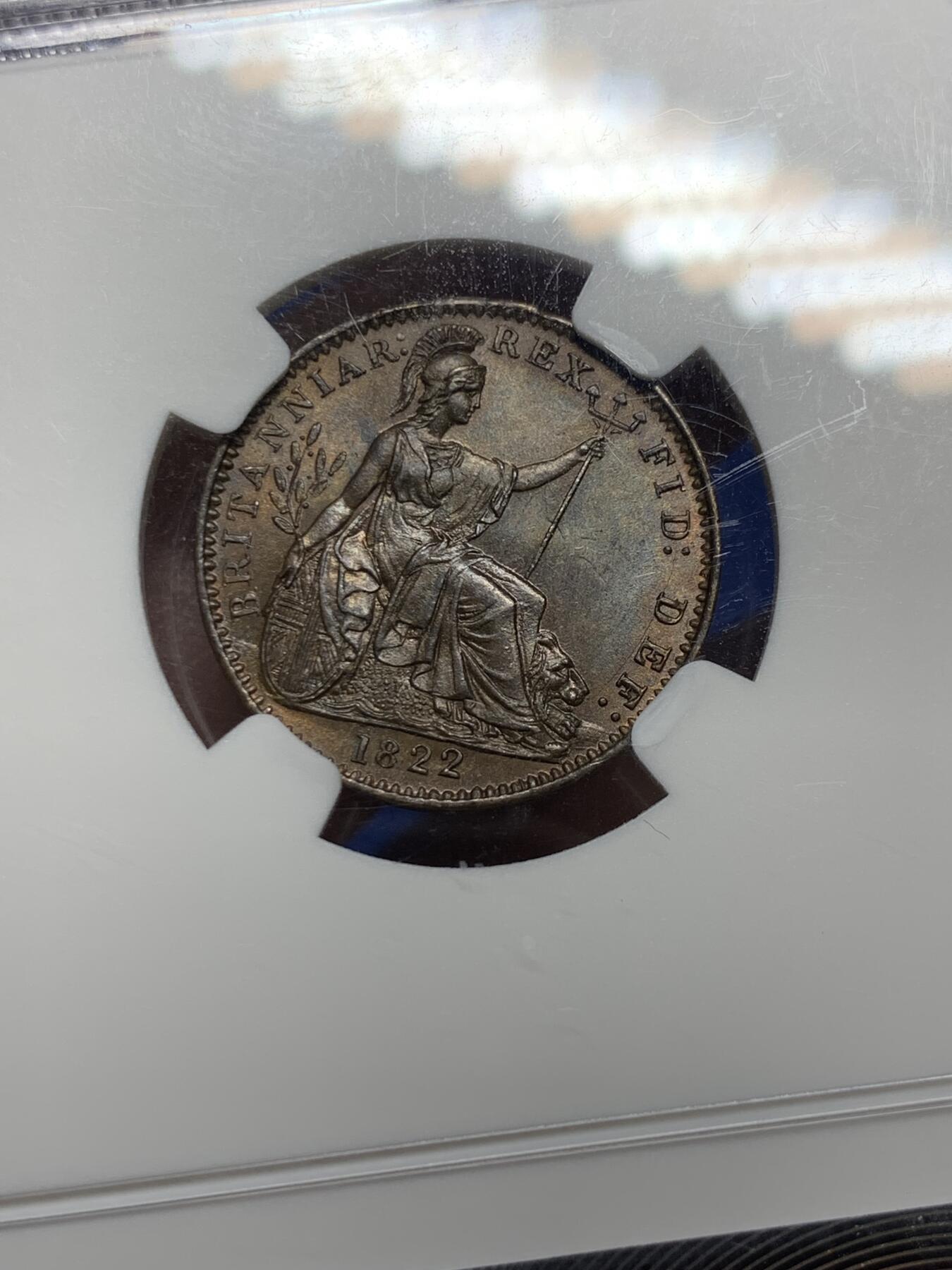 《竞宝斋》第290场- 周日，周一，周二 3场连拍 （全场包邮） NGC MS63BN 英国1822年乔治四世1法新铜币 相当少见的品种 好品难得