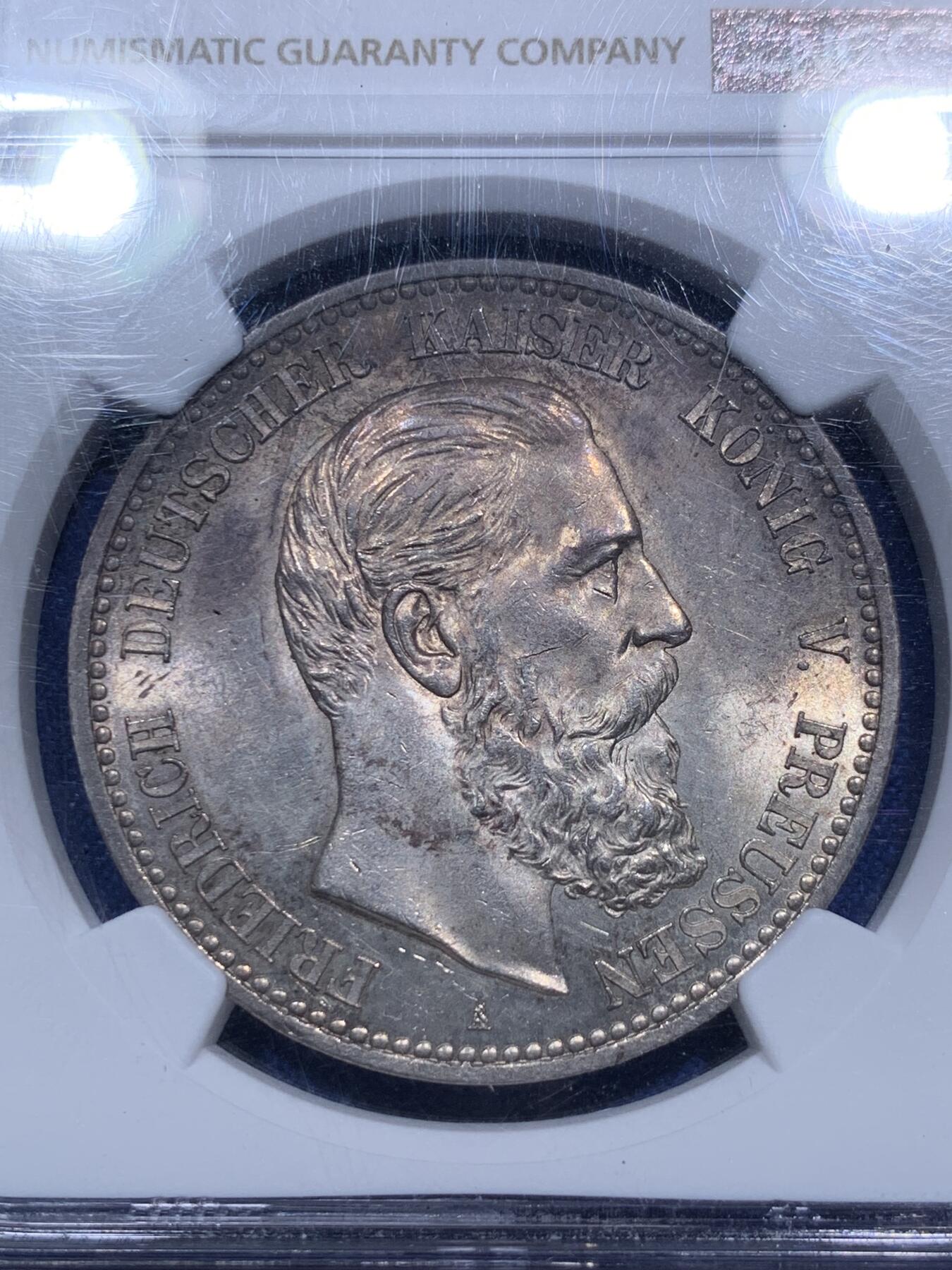 《竞宝斋》第290场- 周日，周一，周二 3场连拍 （全场包邮） NGC MS63 德国1888三皇年 弗雷德里希三世短翅5马克