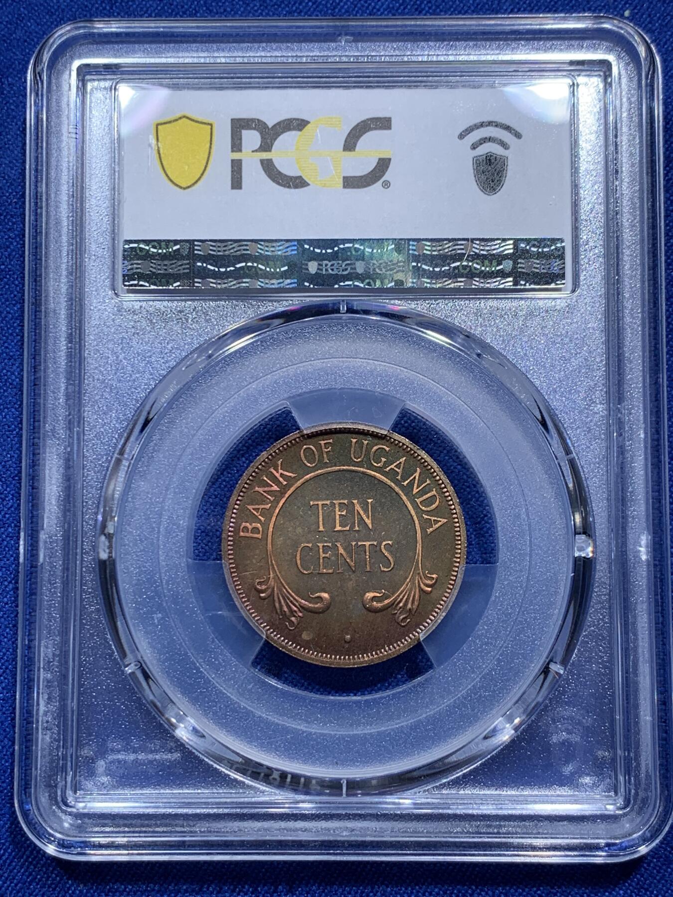 《竞宝斋》第290场- 周日，周一，周二 3场连拍 （全场包邮） PCGS金盾 PR66RB 乌干达1966年首年10分精制铜币 背面紫色包浆