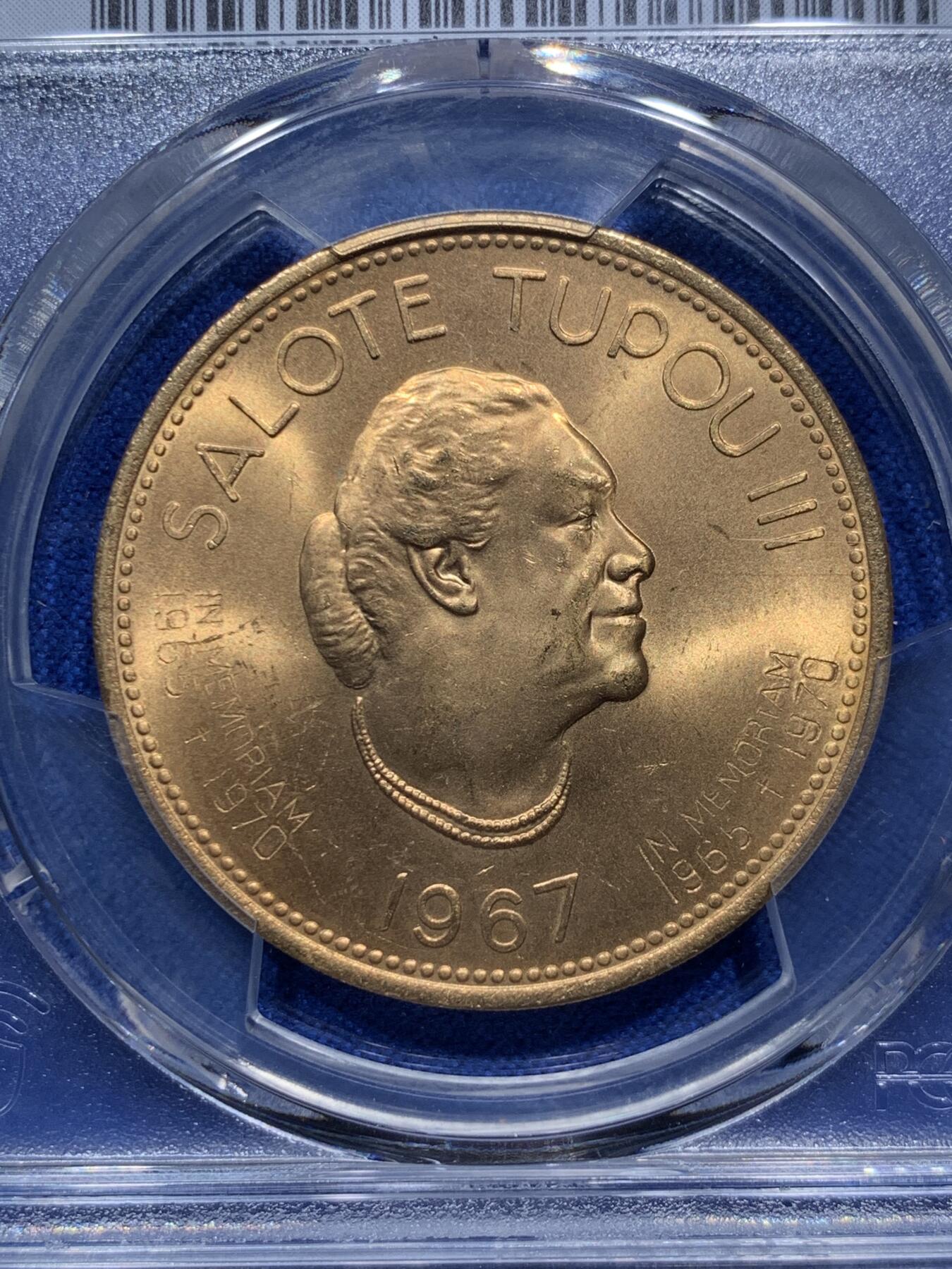 《竞宝斋》第290场- 周日，周一，周二 3场连拍 （全场包邮） PCGS MS66 1970 汤加 50分 加字镀金纪念币 非常少见的品相 两面转光加上镀金工艺 闪闪发光